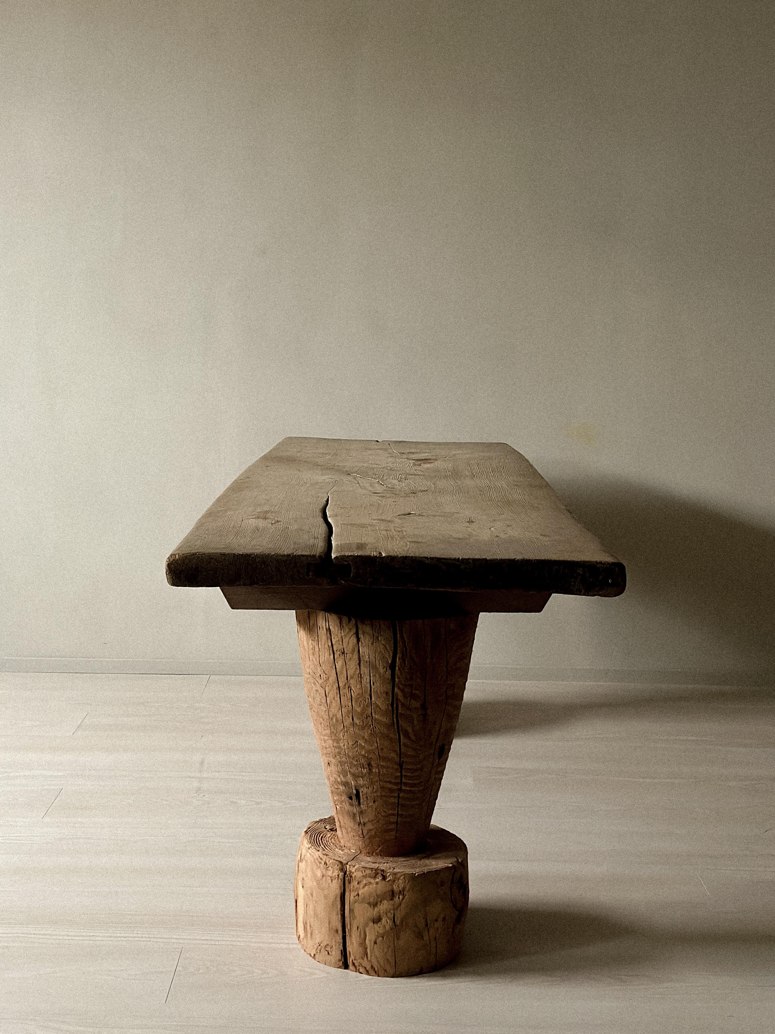 Norwegian Wabi Sabi Antique Primitive Console Table, Pillar Log Legs, Scandinavia, c 1700s For Sale