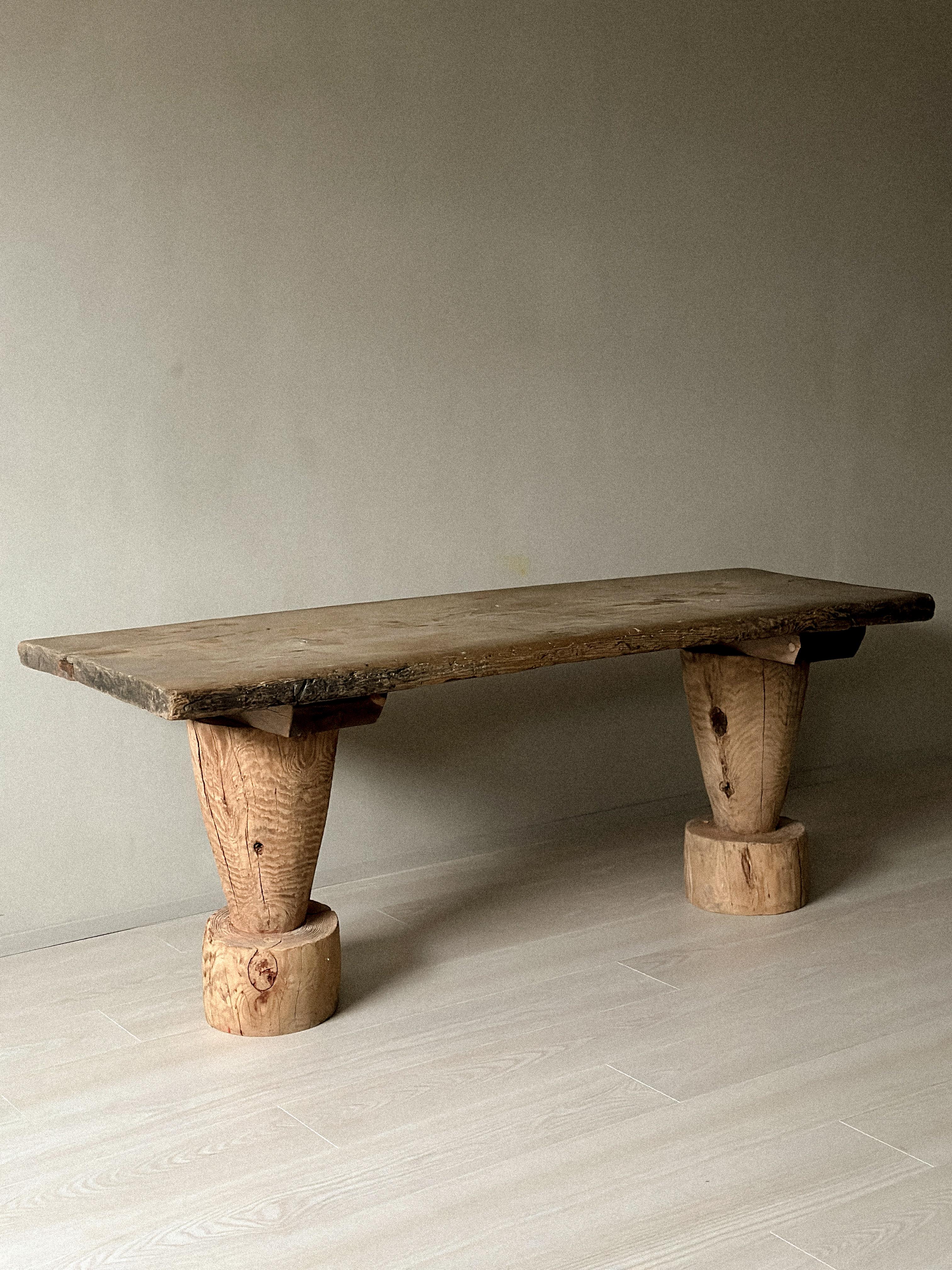 Hand-Crafted Wabi Sabi Antique Primitive Console Table, Pillar Log Legs, Scandinavia, c 1700s For Sale