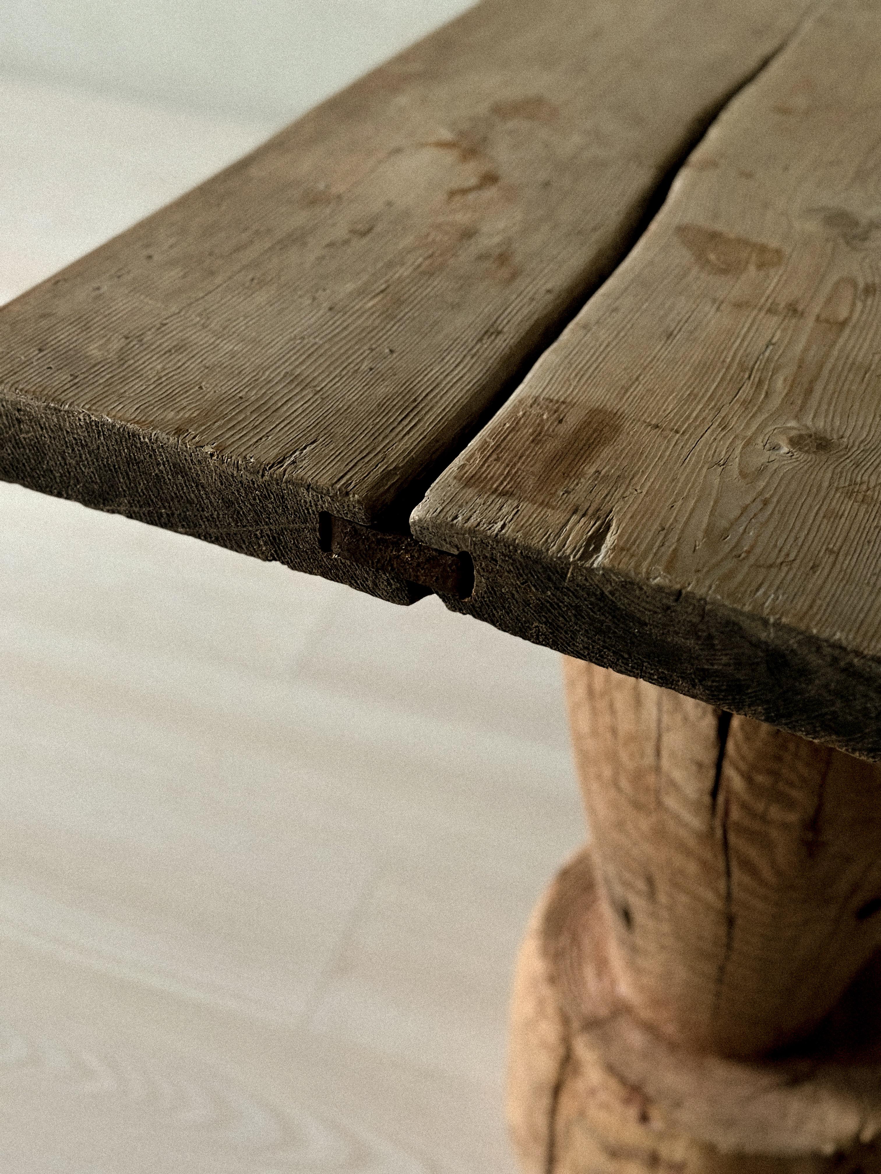 18th Century and Earlier Wabi Sabi Antique Primitive Console Table, Pillar Log Legs, Scandinavia, c 1700s For Sale