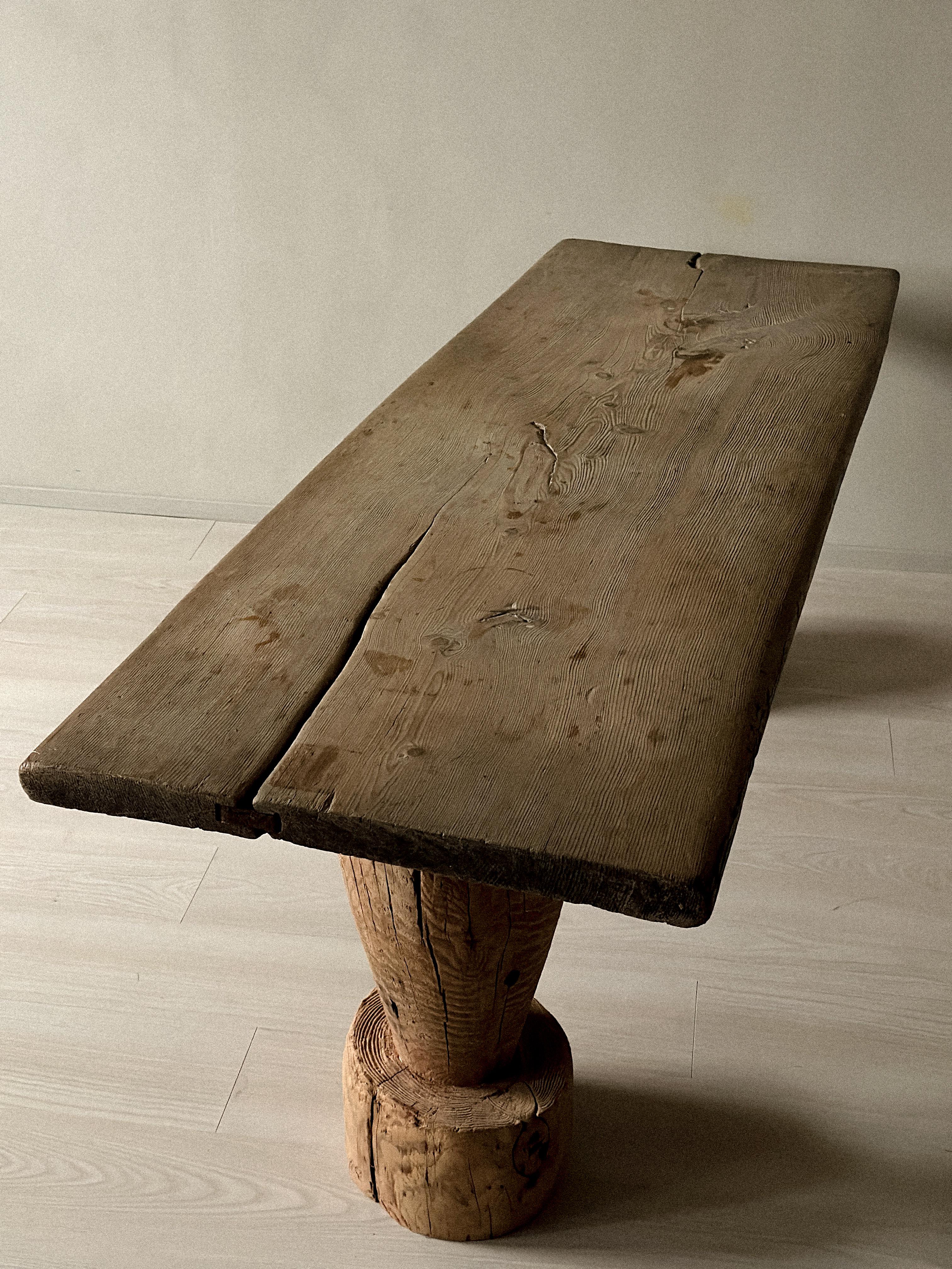 Wood Wabi Sabi Antique Primitive Console Table, Pillar Log Legs, Scandinavia, c 1700s For Sale