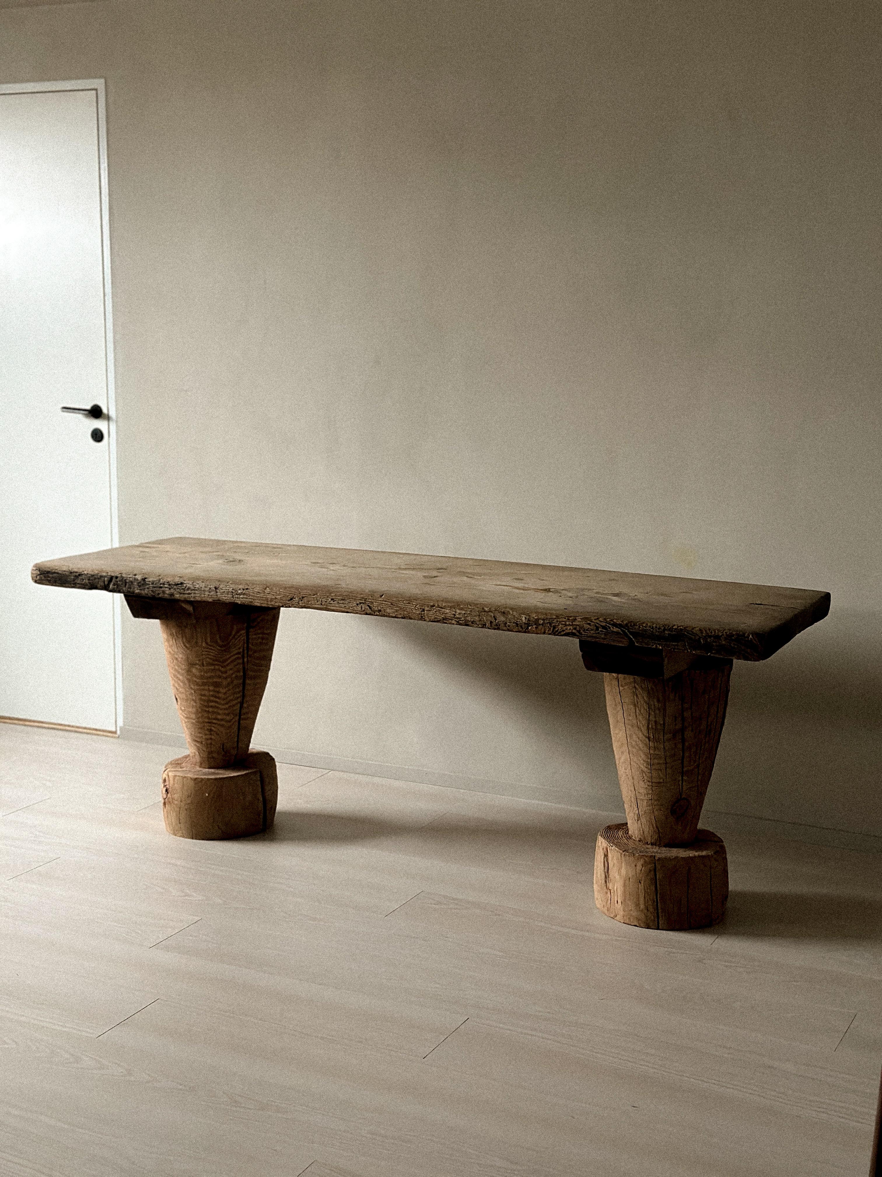 Wabi Sabi Antique Primitive Console Table, Pillar Log Legs, Scandinavia, c 1700s For Sale 1