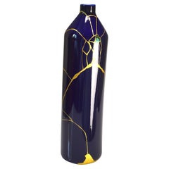 Wabi-Sabi Blue Vase: Gold Kintsugi & Beetle Wing Inlay