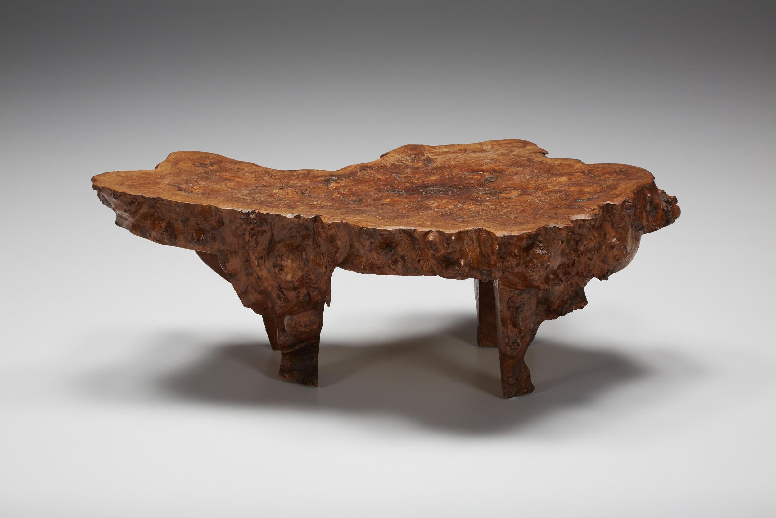 Mid-19th Century Wabi-Sabi Burl Wood Coffee Table, Rustic Side Table with Japanese Influences