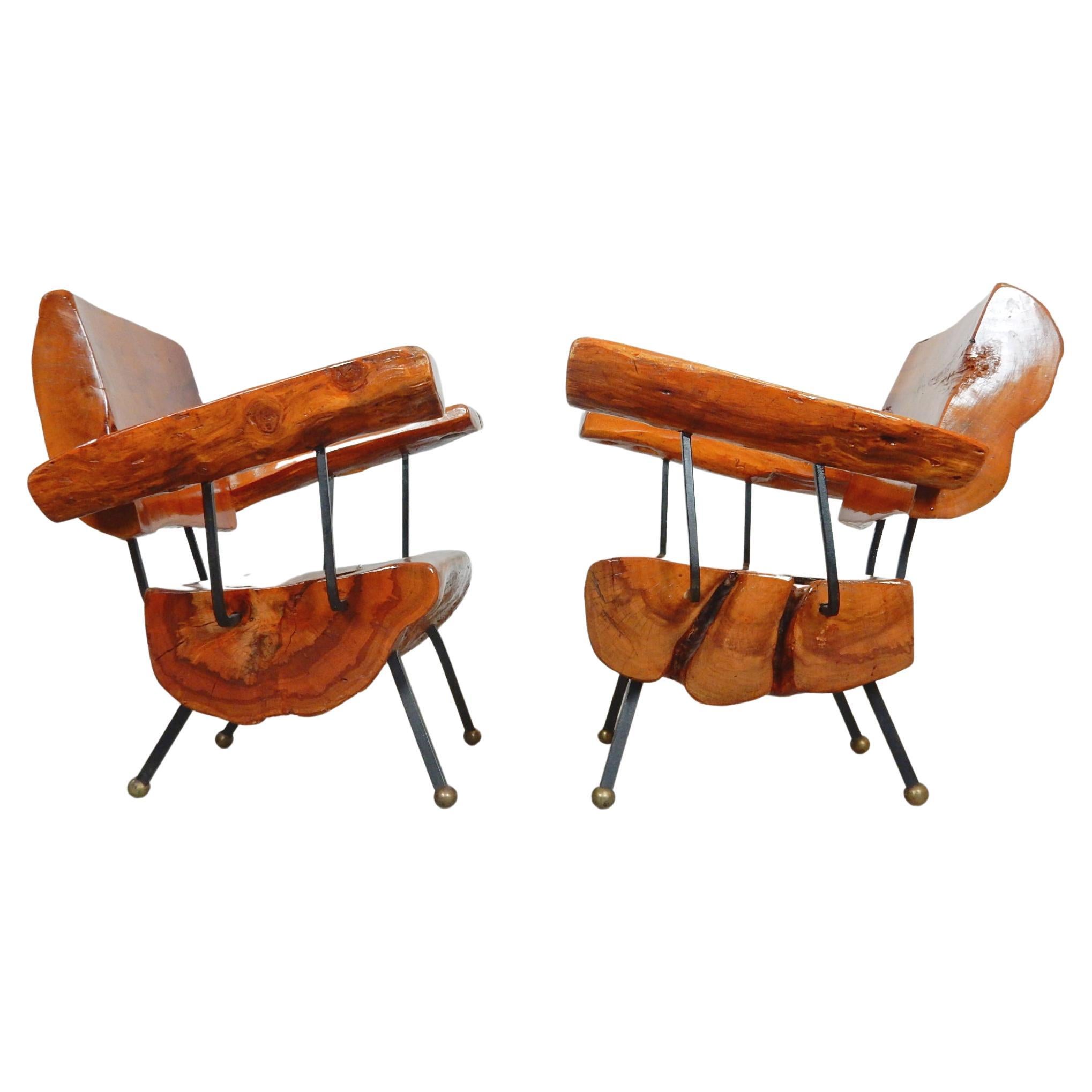 Mid-Century Modern Fauteuils de salon Wabi Sabi en bois de ronce, fer et bronze en vente