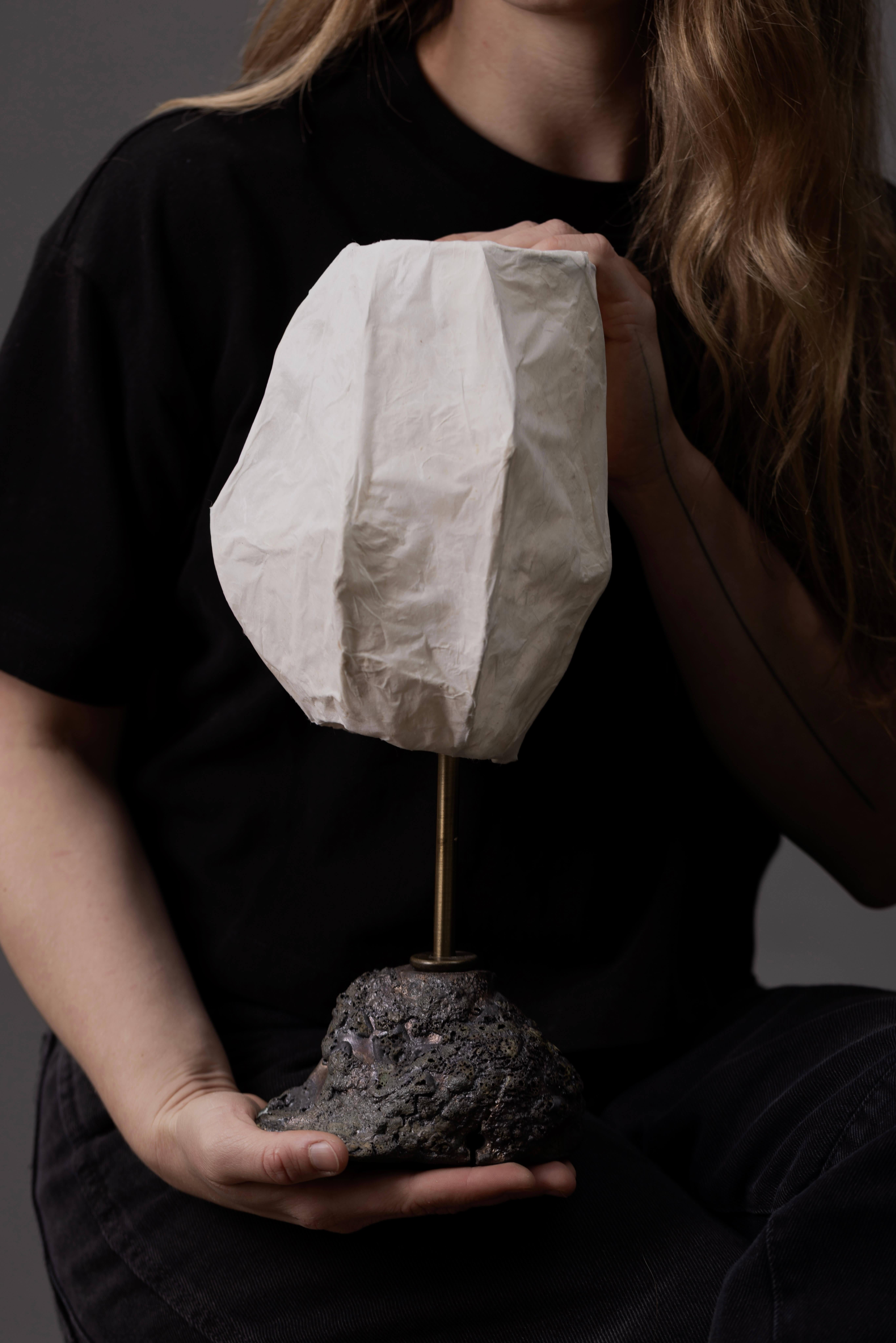 Américain Wabi-Sabi Ceramic Table Lamp with Textured Base and Soft Paper Shade en vente