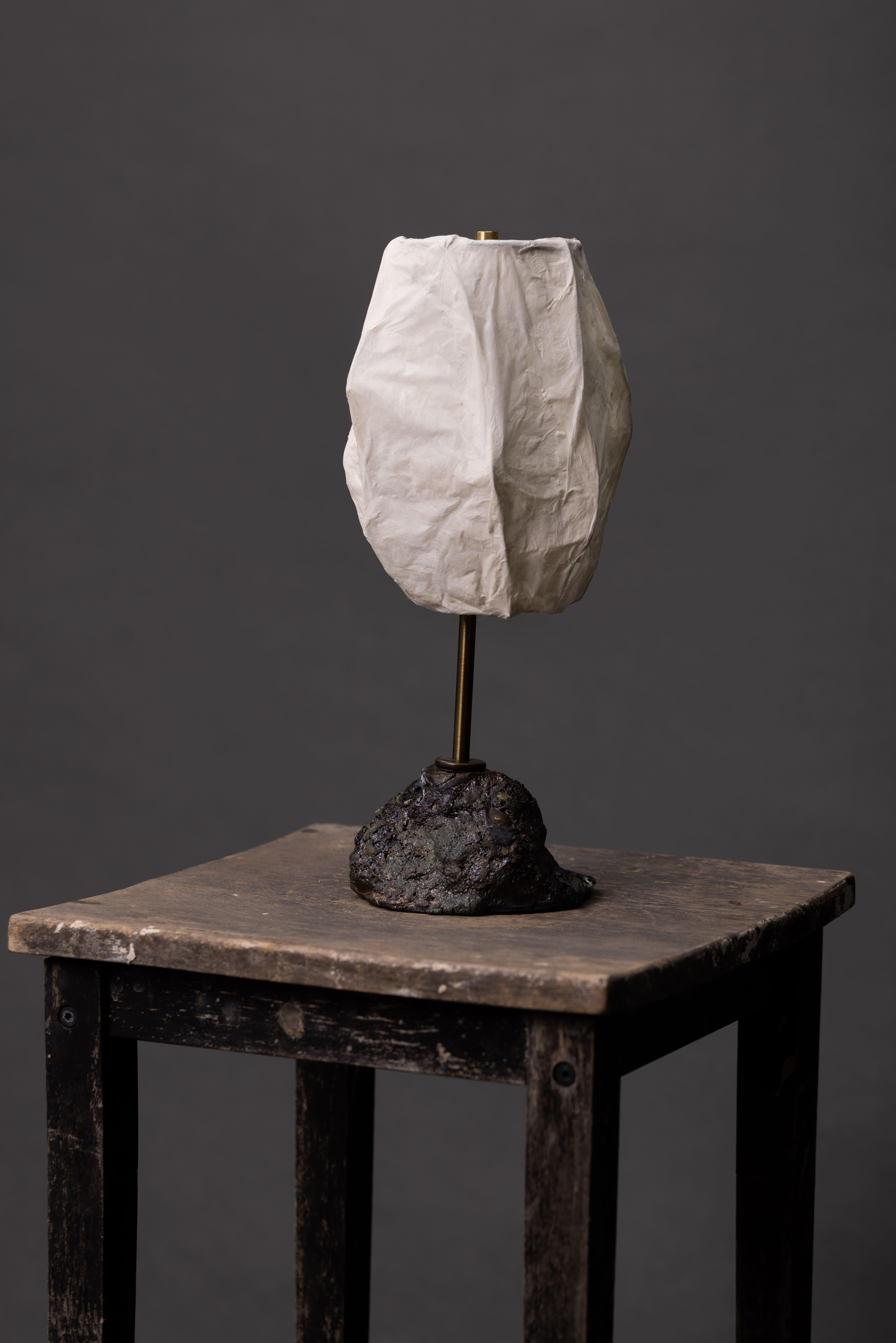 XXIe siècle et contemporain Wabi-Sabi Ceramic Table Lamp with Textured Base and Soft Paper Shade en vente