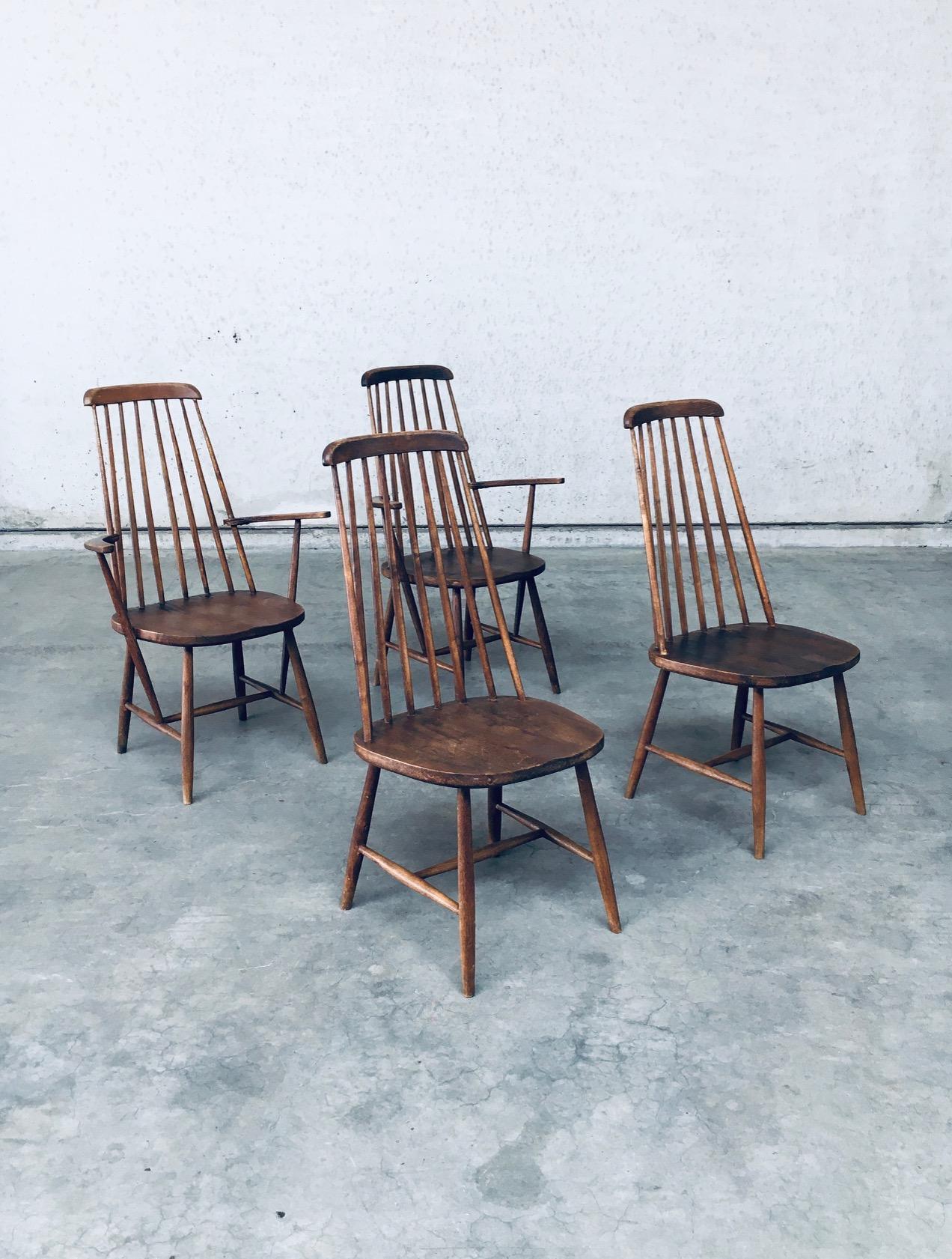 Vintage Midcentury Wabi Sabi Design Oak Spindle Back Chairs. Made in France, 1940's / 50's period. Oak constructed, handcarved chairs with visible oak structure and carving marks. There are 2 chairs with armrests and 2 without. They are all in good,