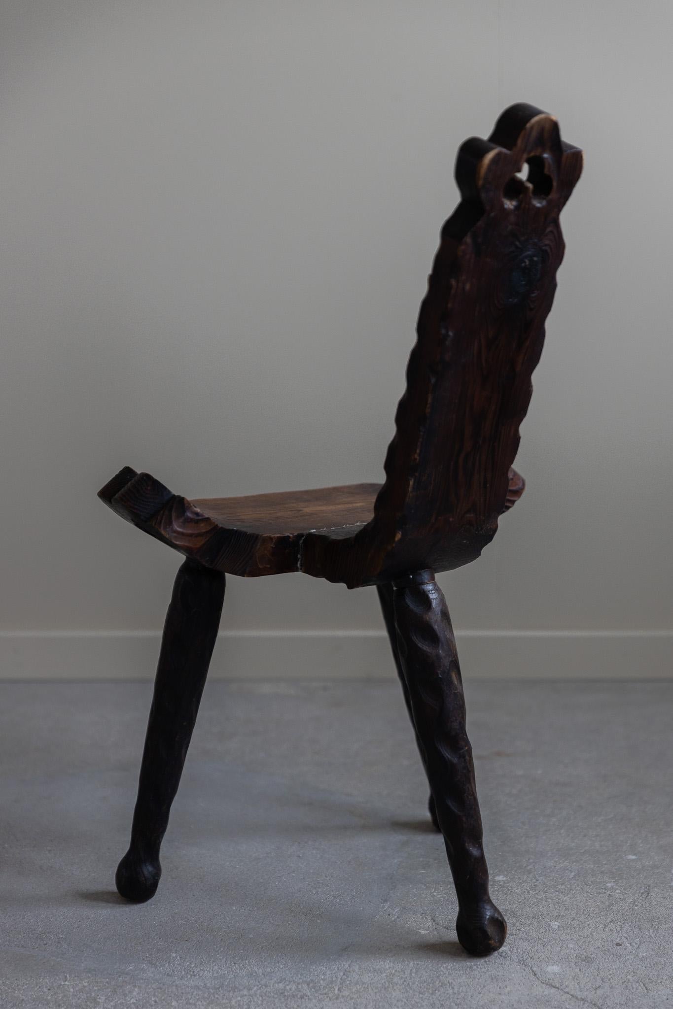 Hand-Carved Wabi Sabi French Wooden Carved Tripod Chair, Early 20th Century For Sale