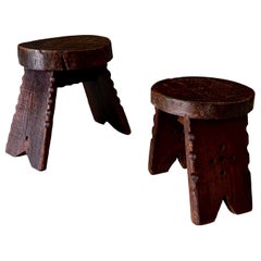 Wabi Sabi Hand Crafted Carved Low Stool set, Spain 1960's