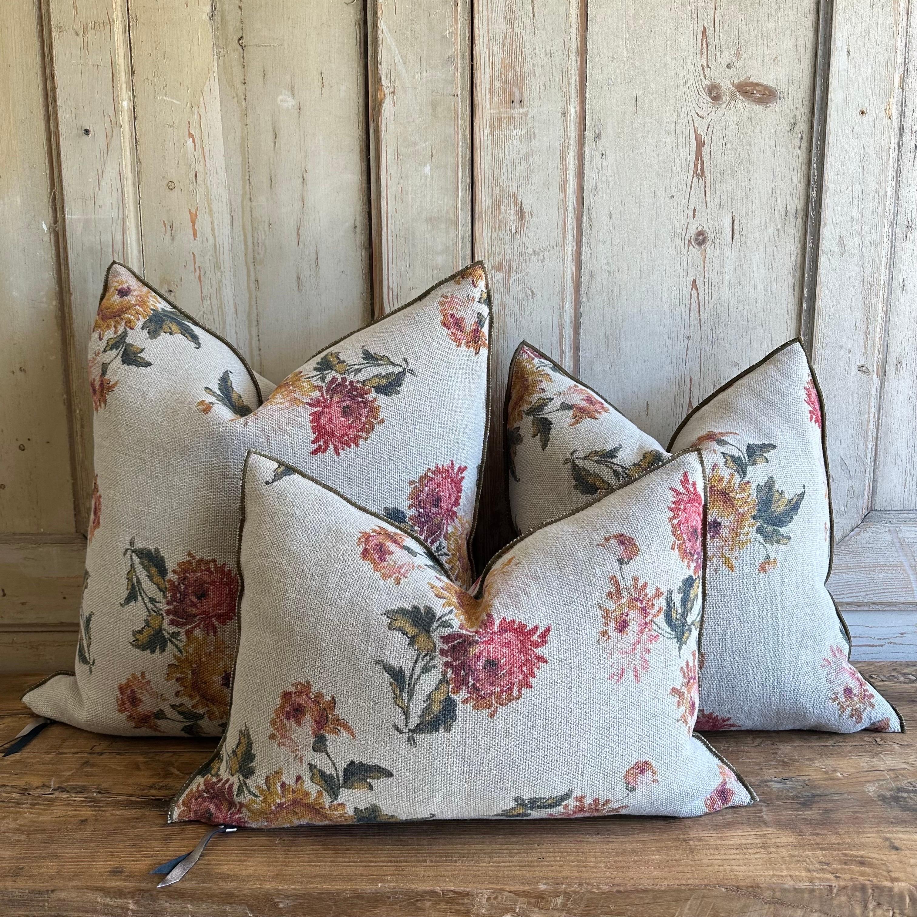 Wabi Sabi imperial bouquet
Wabi Sabi Imperial Bouquet Pillow cover
Our latest collection has arrived just in time for spring!
On a thick soft nubby textured natural colored linen, with 
gold, and raspberry florals, and deep olive and greens