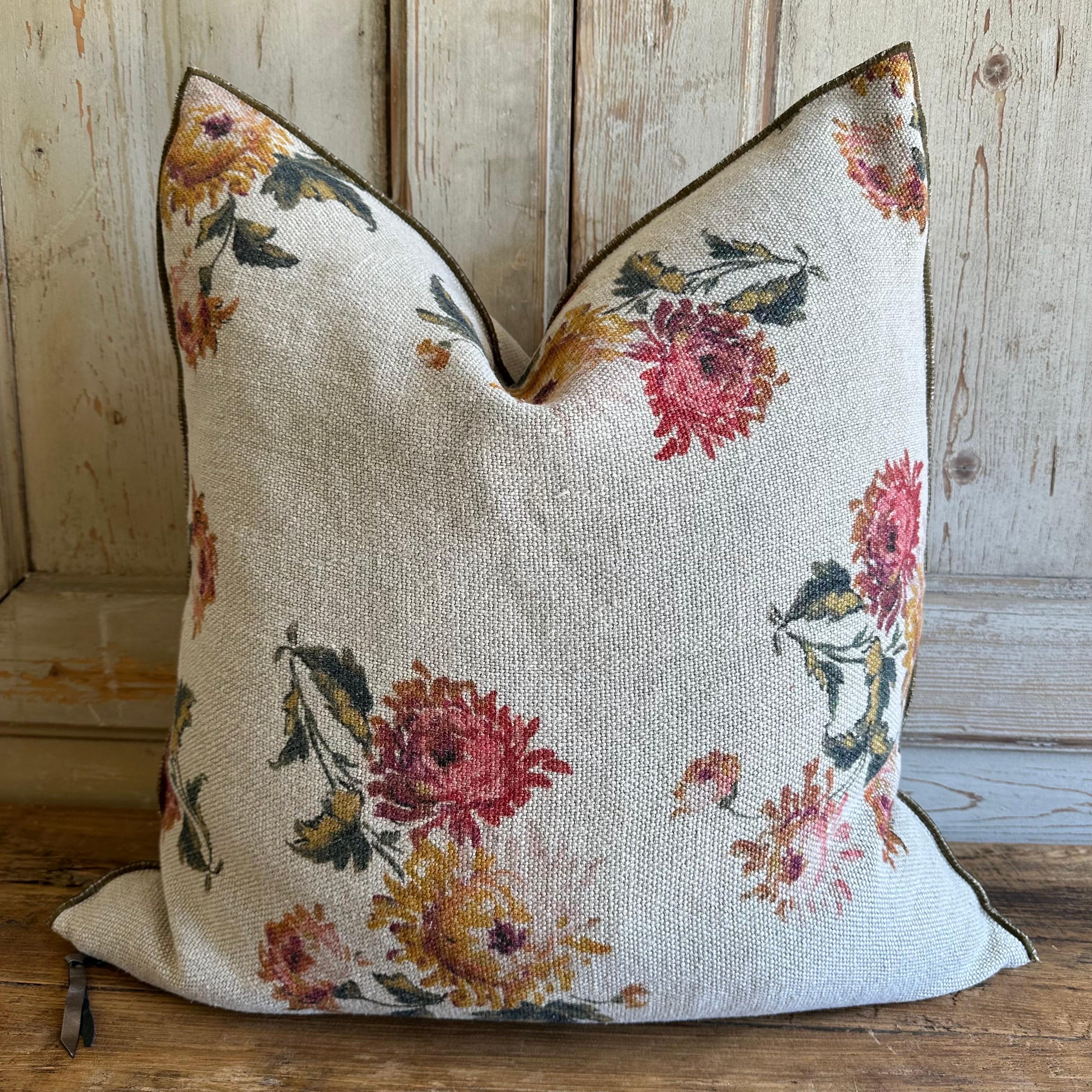 Wabi Sabi Imperial bouquet pillow cover.
Our latest collection has arrived just in time for spring!
On a thick soft nubby textured natural colored linen, with 
gold, and raspberry florals, and deep olive and greens stems.
The overstitched edging