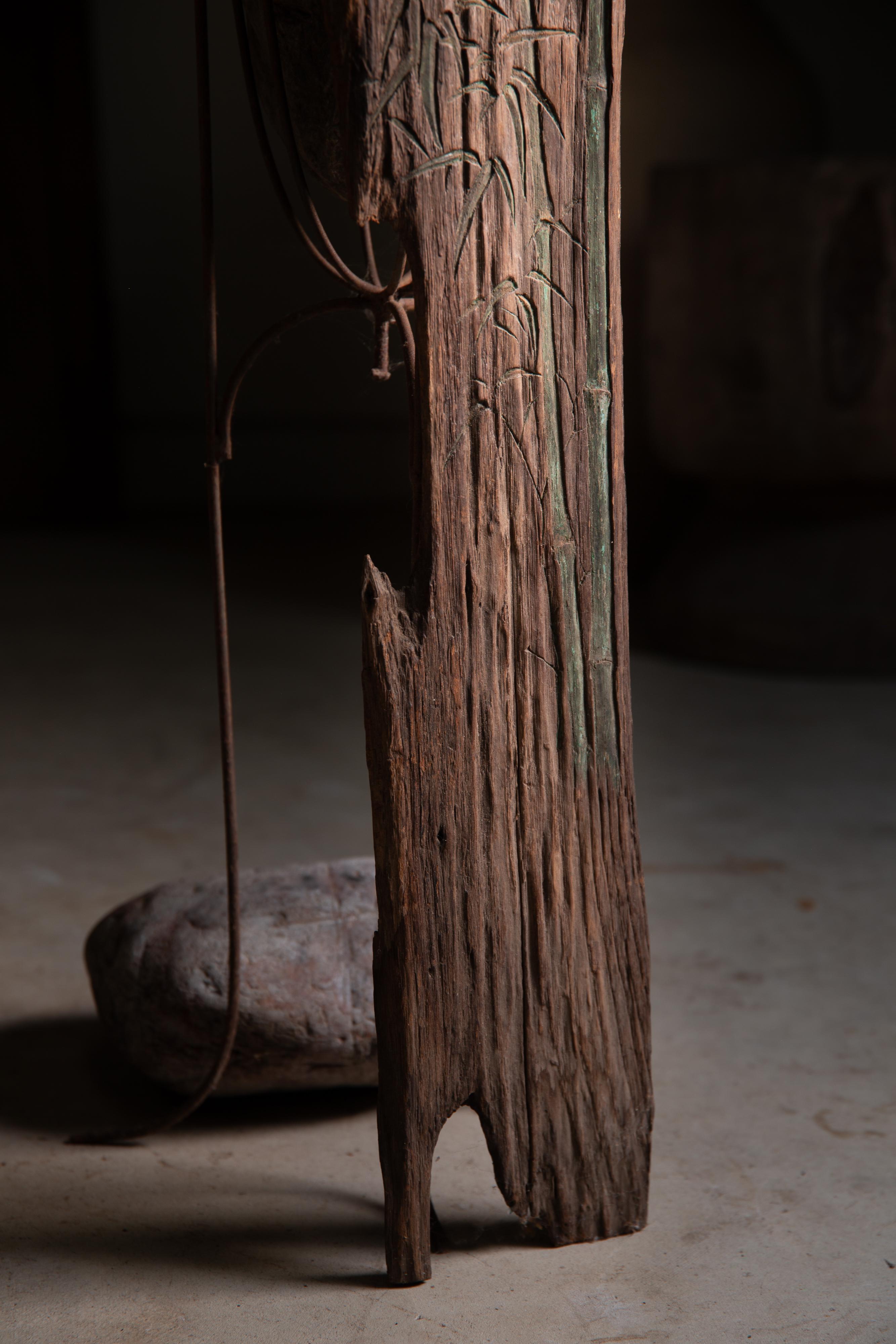 Engraved wabi sabi reclaimed boat wood wall decor, bamboos engraved. circa 1870s-1920s For Sale