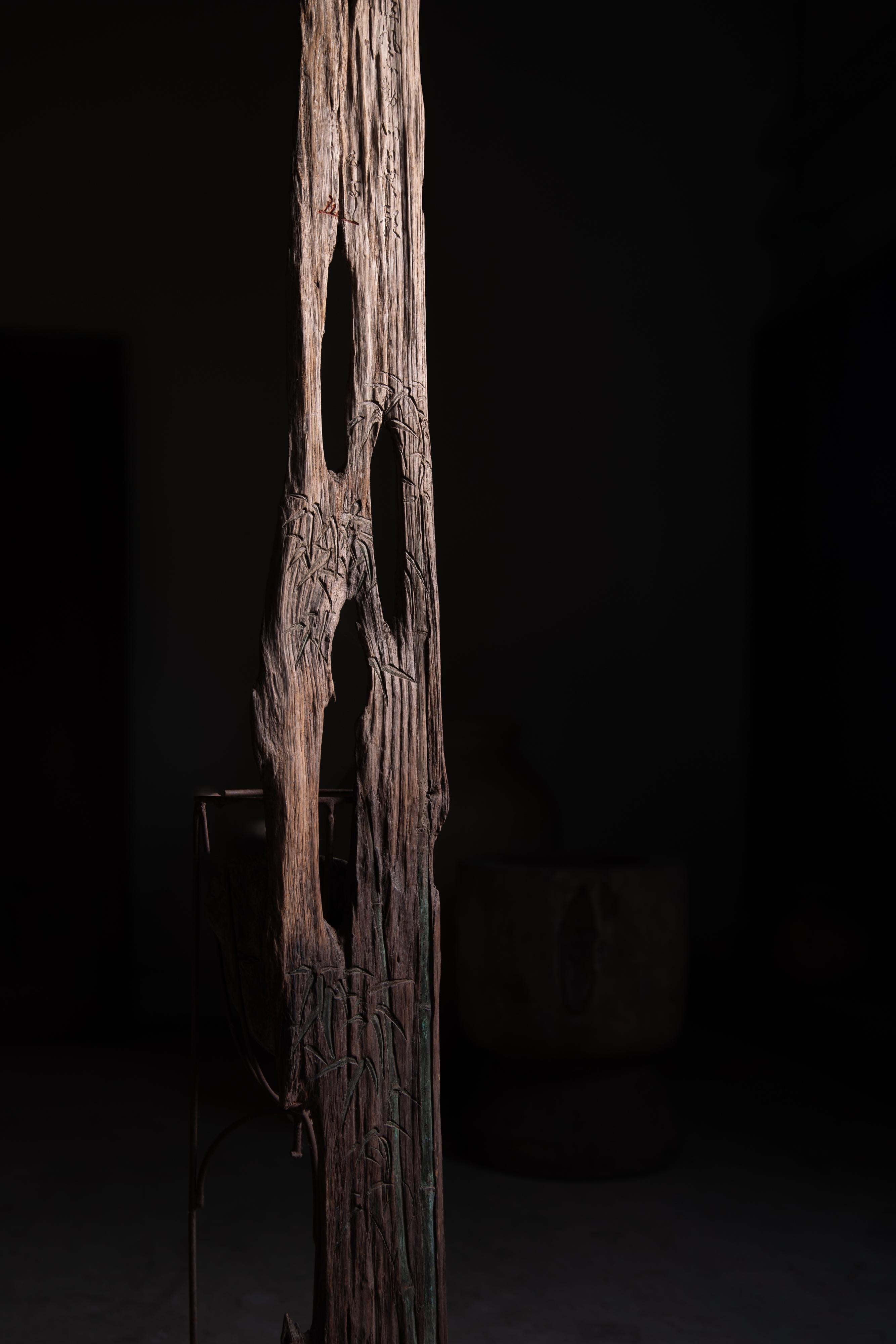 Meiji wabi sabi reclaimed boat wood wall decor, bamboos engraved. circa 1870s-1920s For Sale