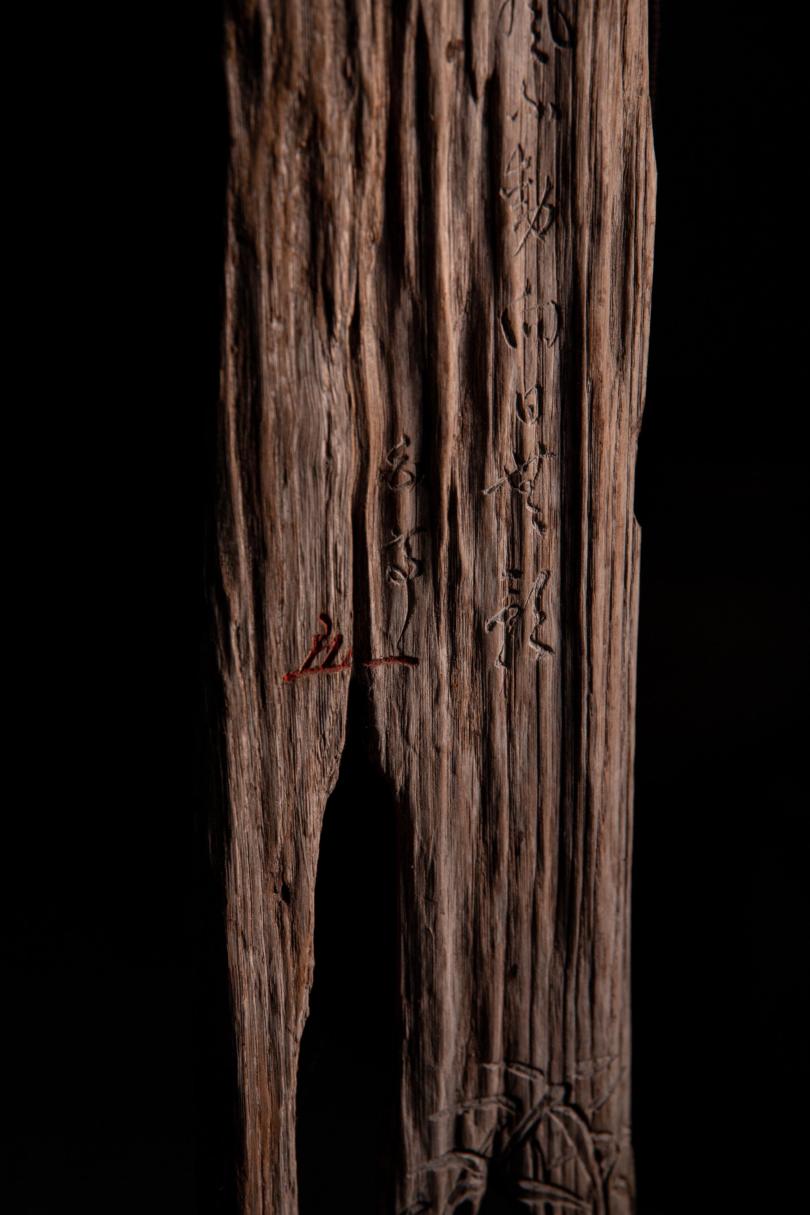 19th Century wabi sabi reclaimed boat wood wall decor, bamboos engraved. circa 1870s-1920s For Sale
