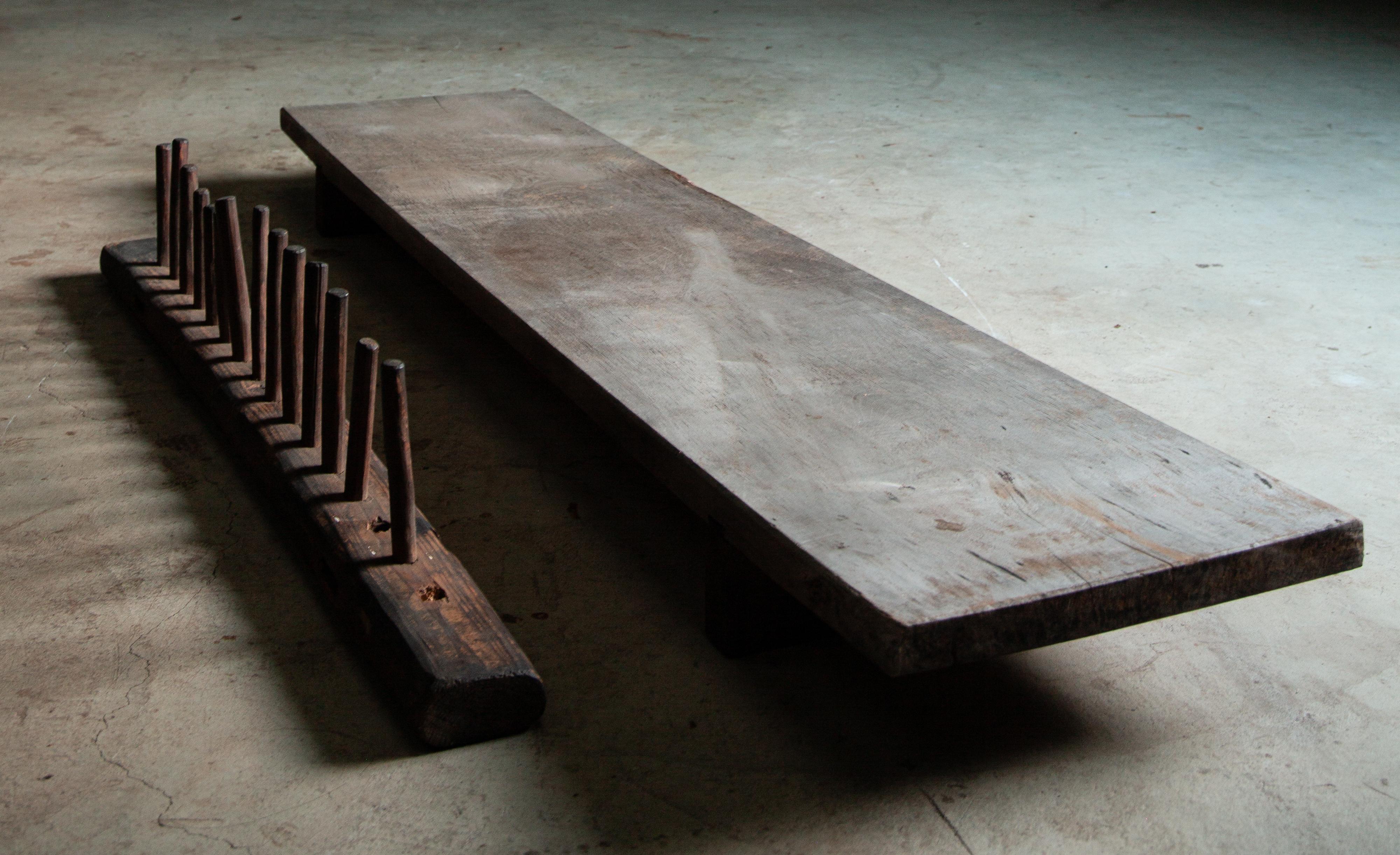 The long low table, breached naturally into silver color by the age, with wabi sabi & primitive look. Originally made as Tachidai (tachi-ita / okidai), kimono-sewing table. 
Made circa 1900s - 20s (late Meiji - Taisho - early Showa period) estimated