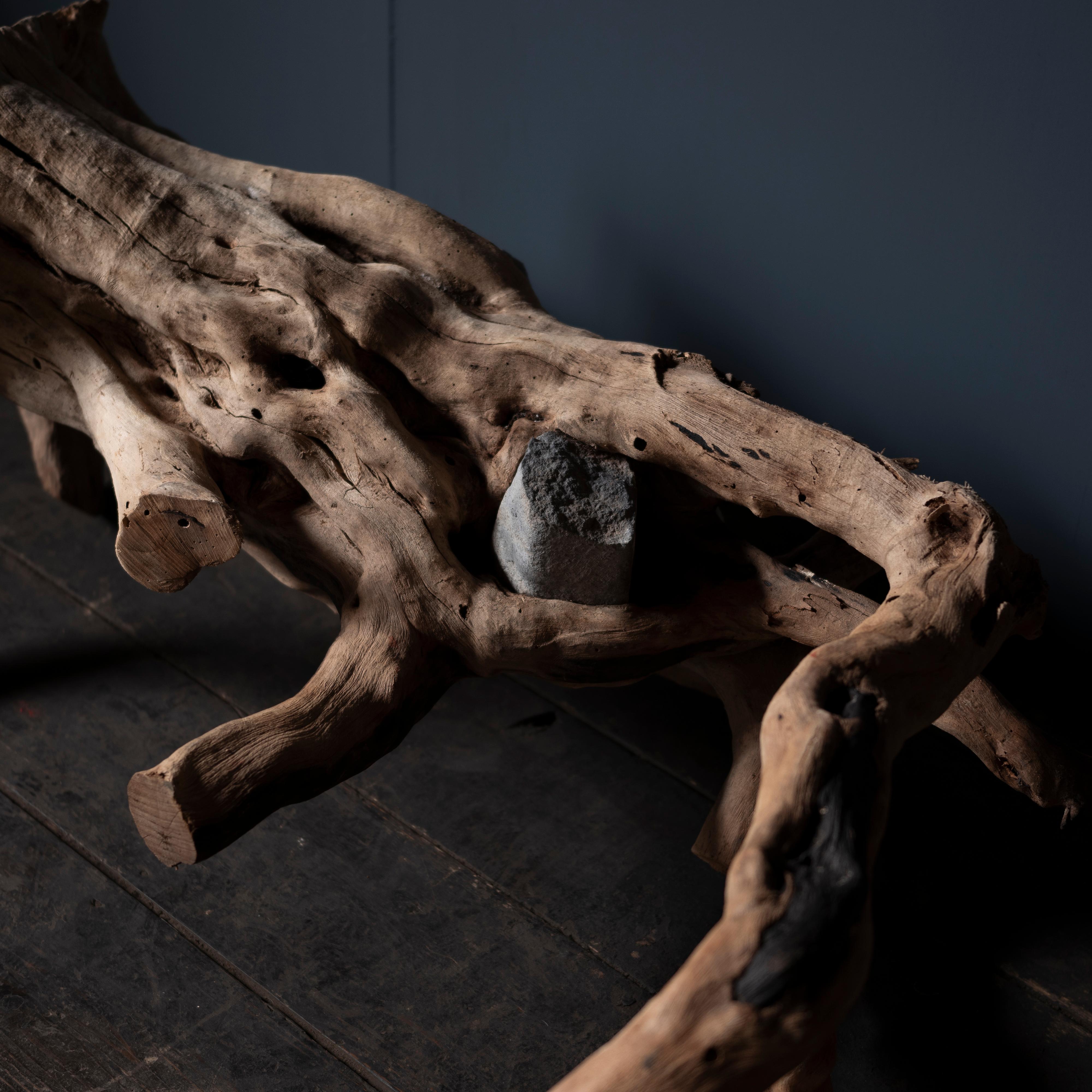 Wabi Sabi Natural Driftwood and Stone Sculpture, Japan For Sale 1
