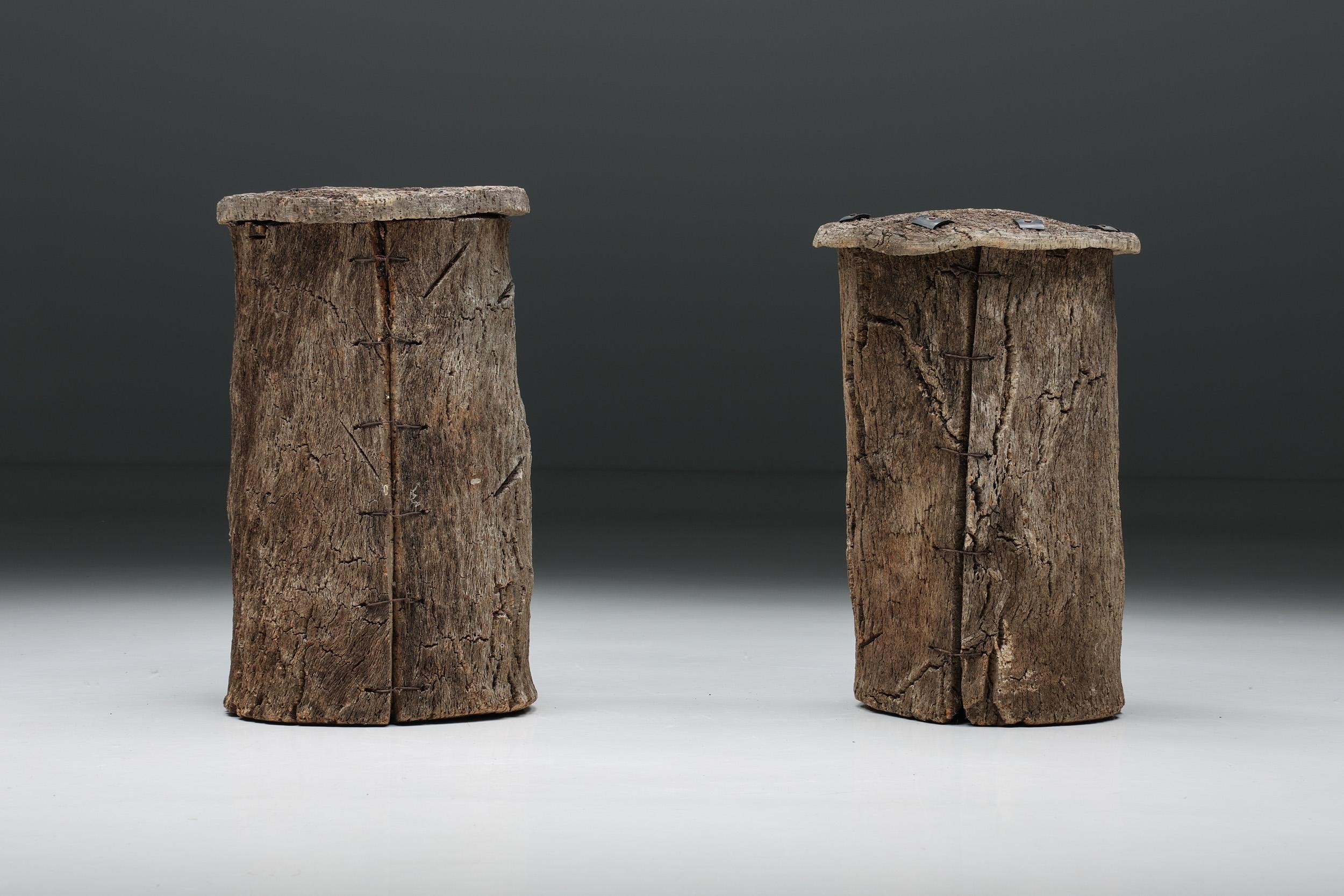 French Wabi Sabi Pair of Bee Hive Stools, France, 19th Century