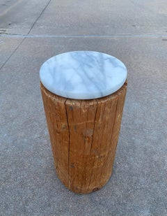 Wabi Sabi Pine Stump and Marble End Table, Handcrafted, USA, 1970s
