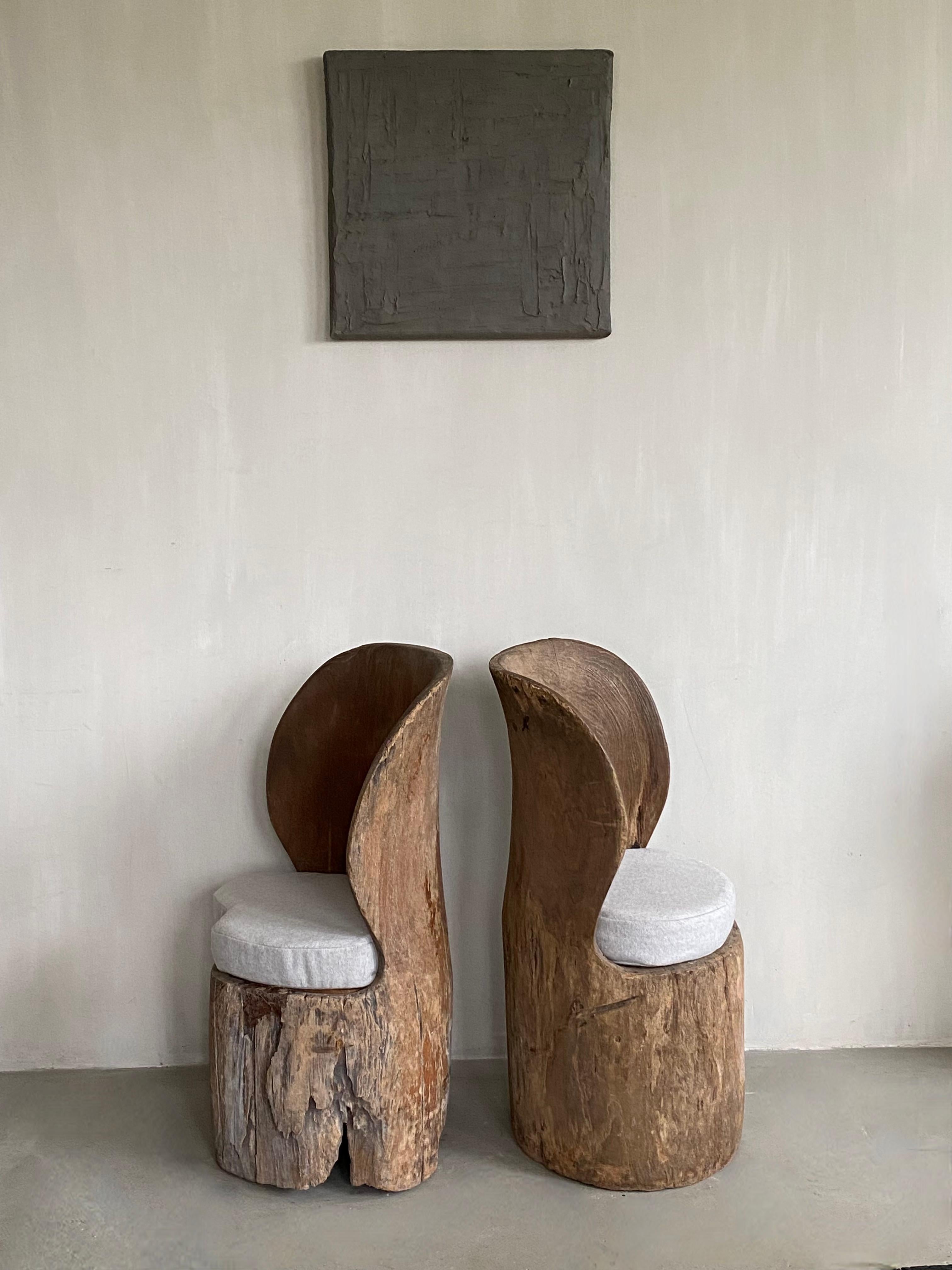 This unique pair of handcut Swedish chairs. Also sold separately.
The Wabi Sabi character of this set makes them so different yet fitting together.

Extra cushions in Belgian wool for seating comfort.
Beautiful natural aging due to use and age,