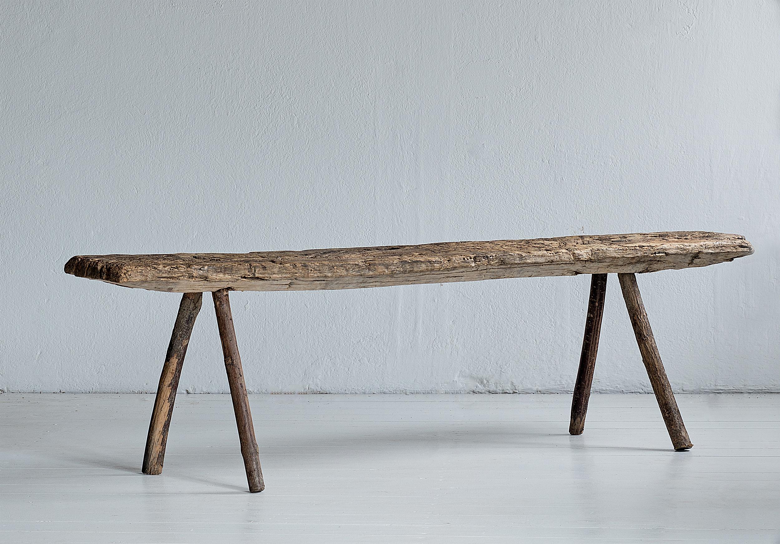 Wabi-Sabi, primitive wooden bench with great patina, Sweden, 19th century.