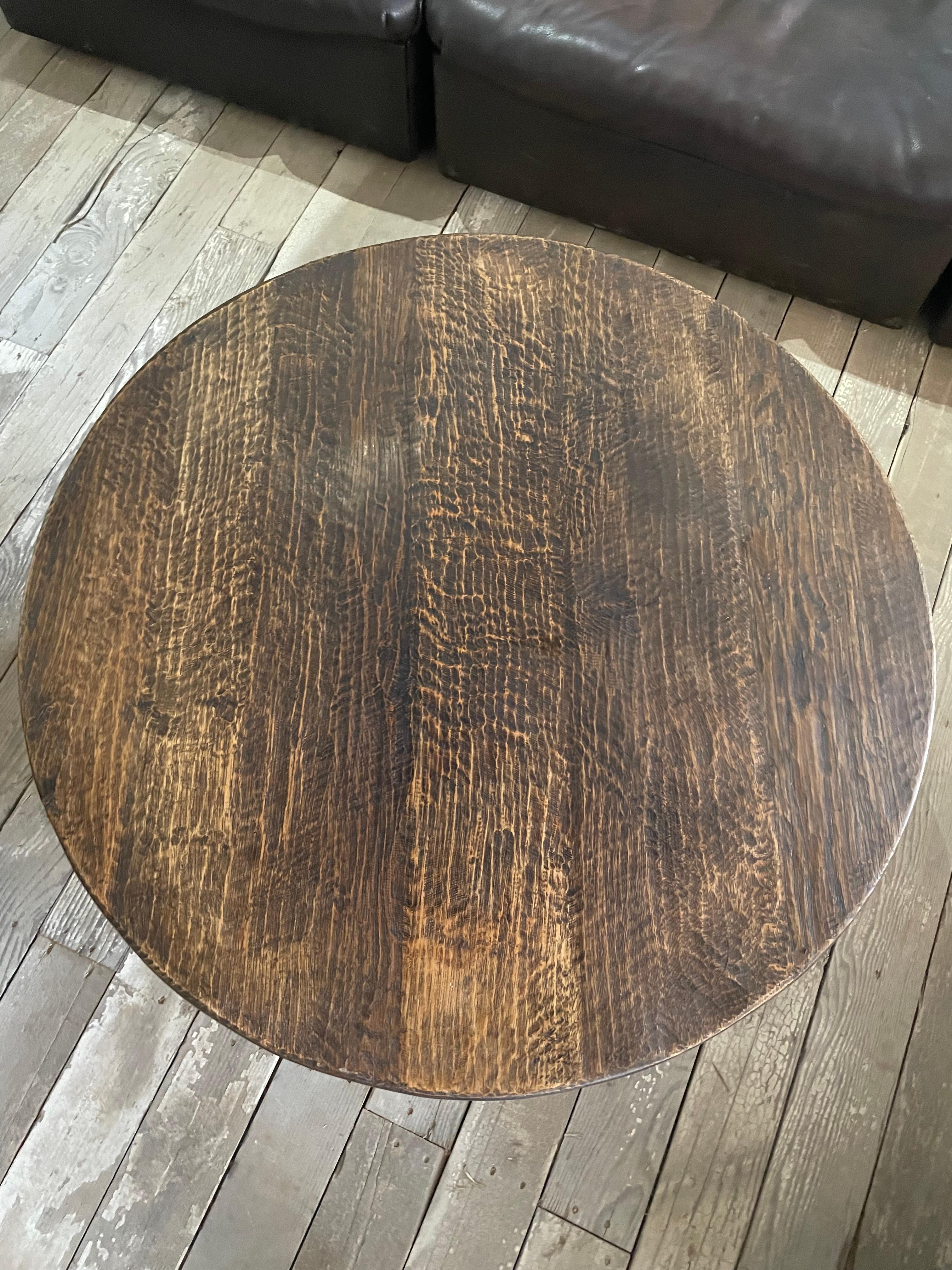 French Wabi Sabi Round Dark Stained Coffee Table, France circa 1940s