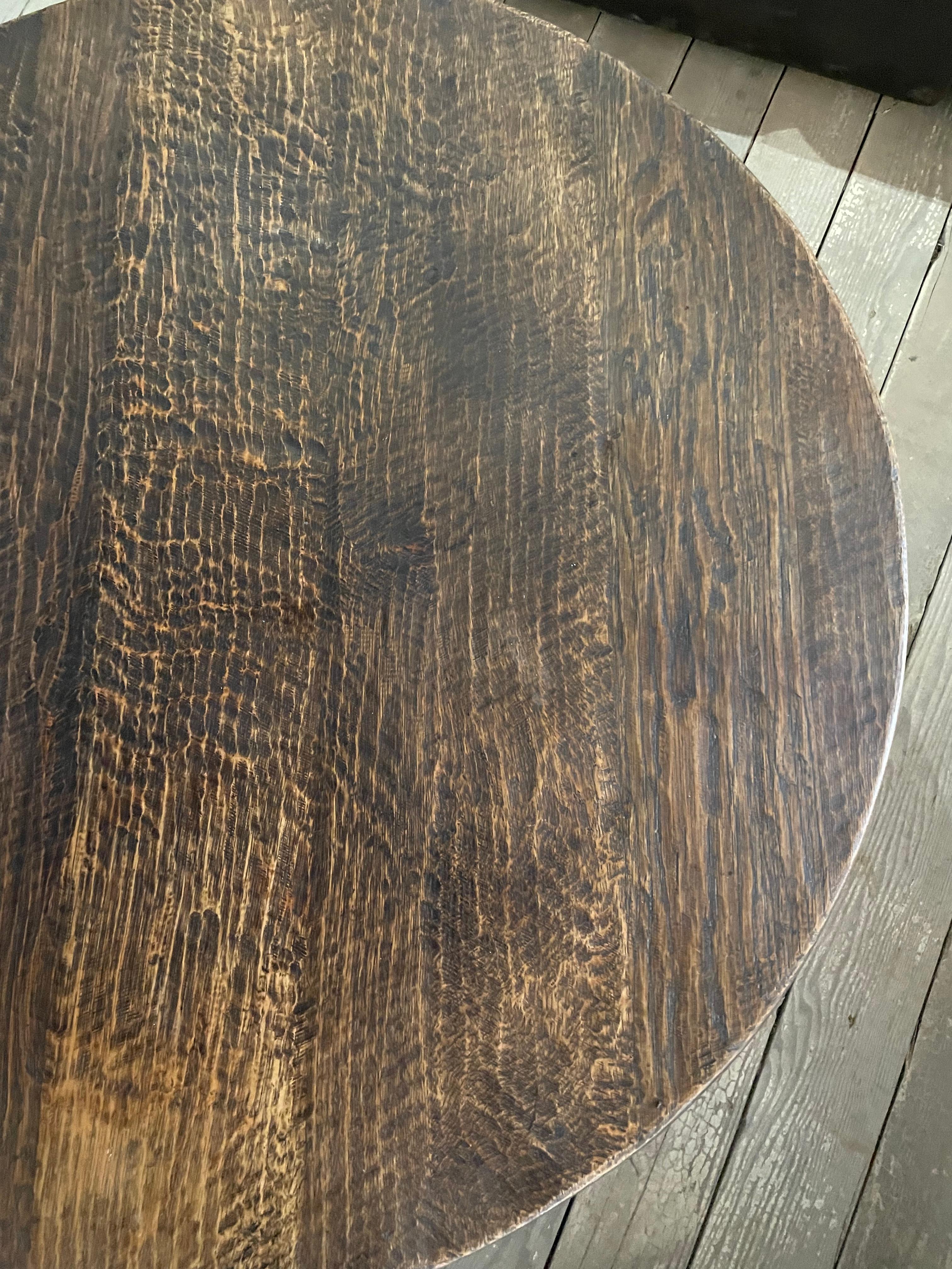 Hand-Crafted Wabi Sabi Round Dark Stained Coffee Table, France circa 1940s
