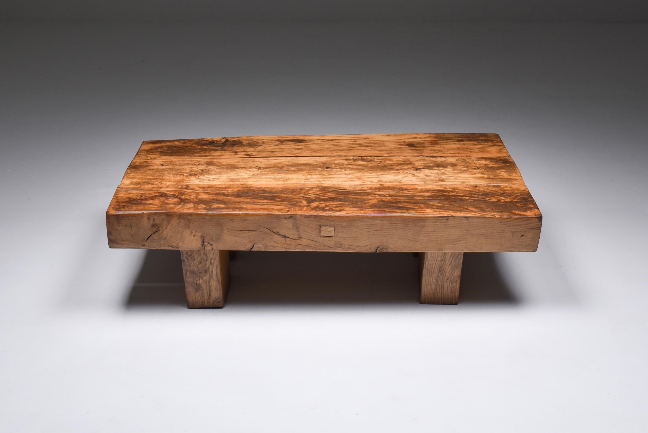 Zen, wabi sabi, coffee table, bench, solid oak, France, Haut-Savoie, 1960

Rustic modern piece that would fit well in a Axel Vervoordt inspired decor.
a perfect example for a wabi sabi zen decor
In original condition.

  