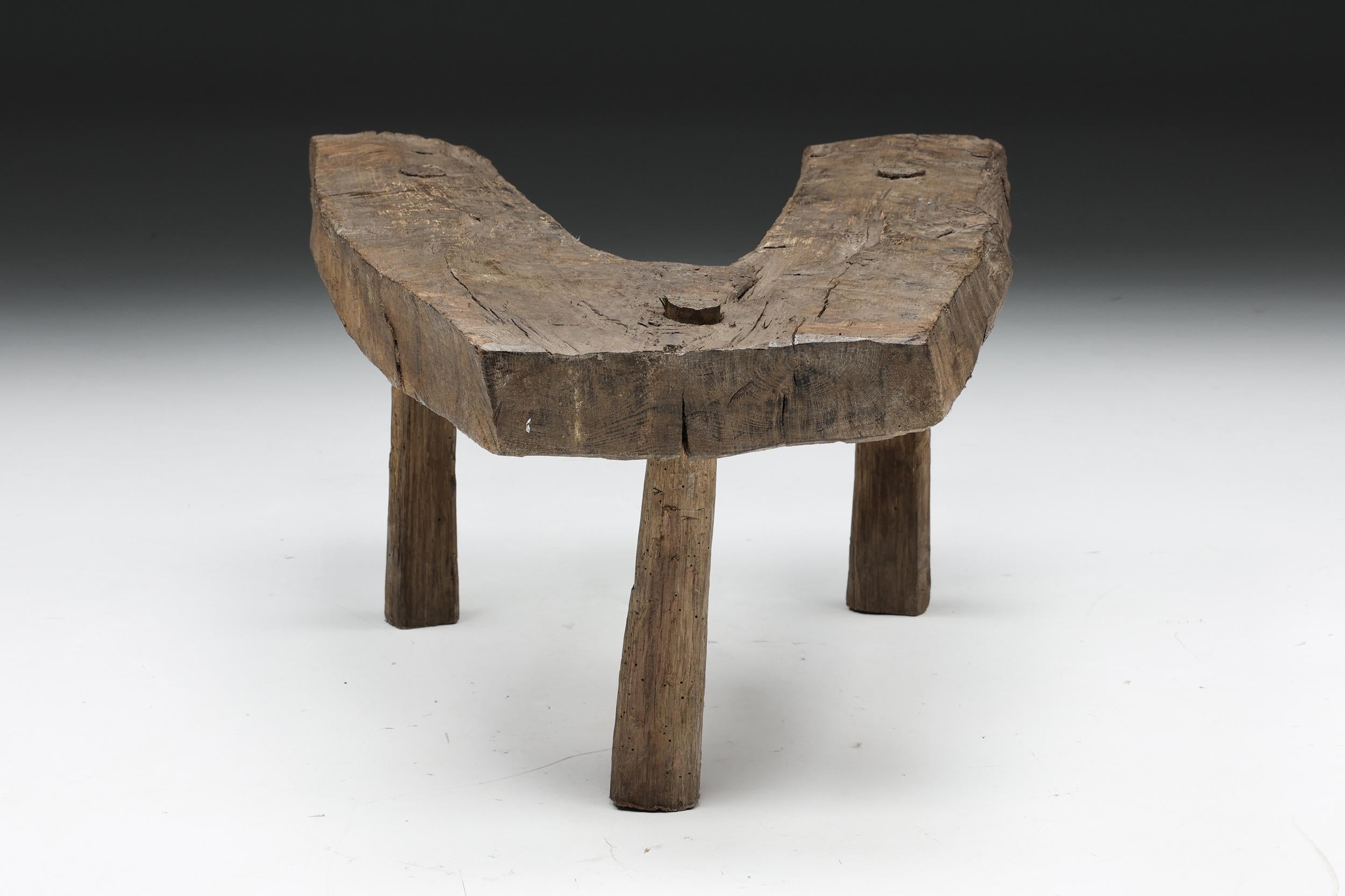 Wood Wabi-Sabi Rustic Tripod Stool, Side Table, Auvergne, France, circa 1900 For Sale