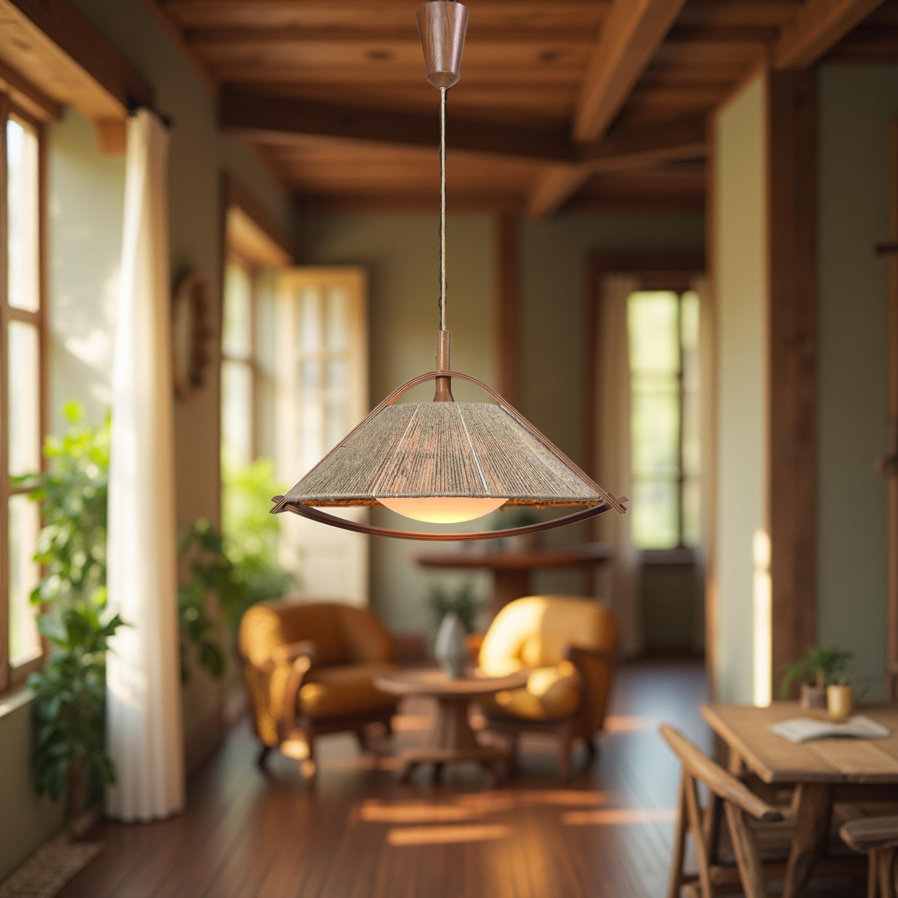 Tessuto a mano Lampada a sospensione Wabi sabi in sisal e compensato di Temde, Svizzera 1960 in vendita