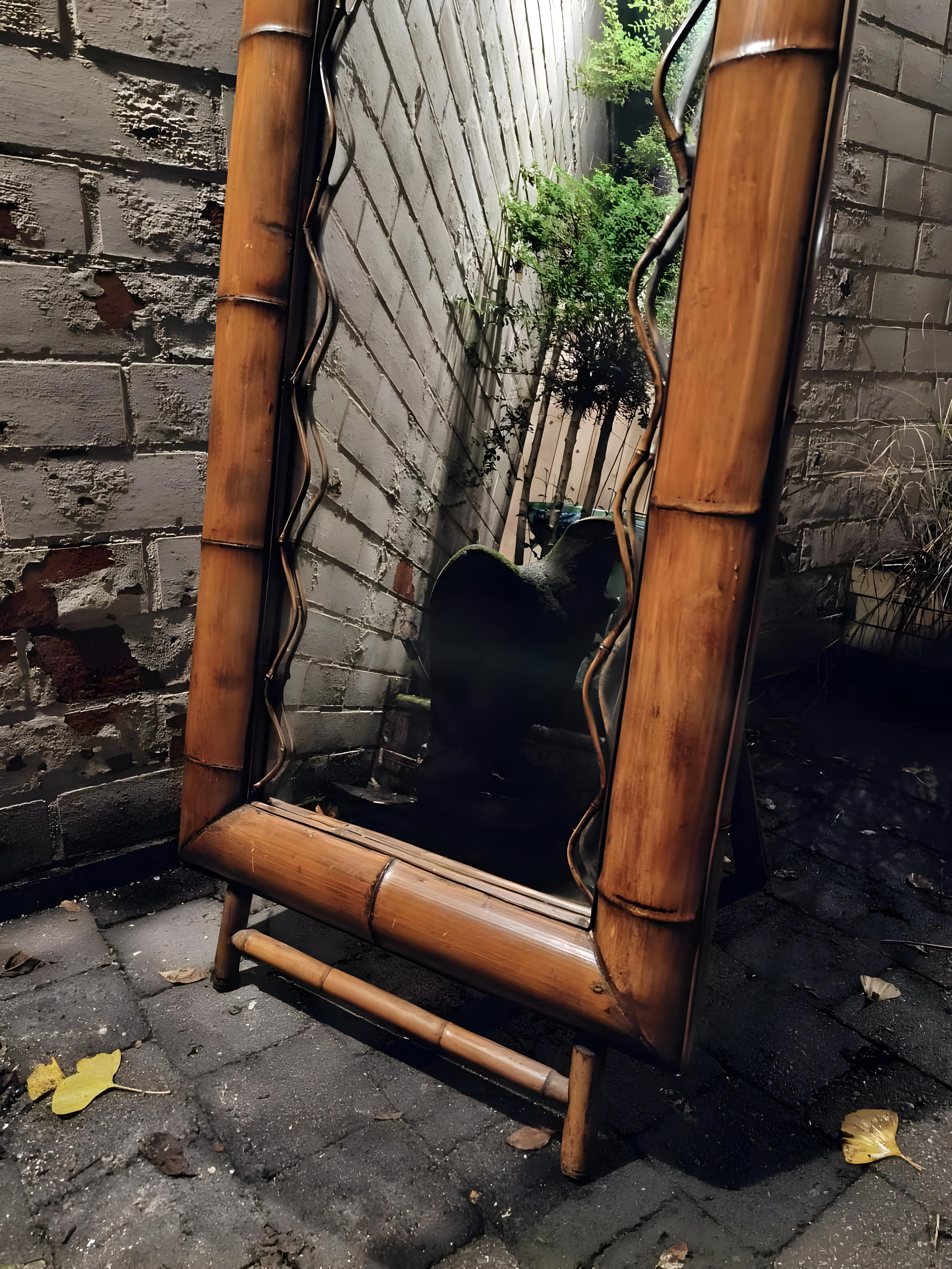 Mid century freestanding mirror. The frame and the stand are made from bamboo. It has a magnificent patina with rich natural colors.
Handcrafted from natural materials this mirror fits perfectly in every interior. From a minimalist modern interior