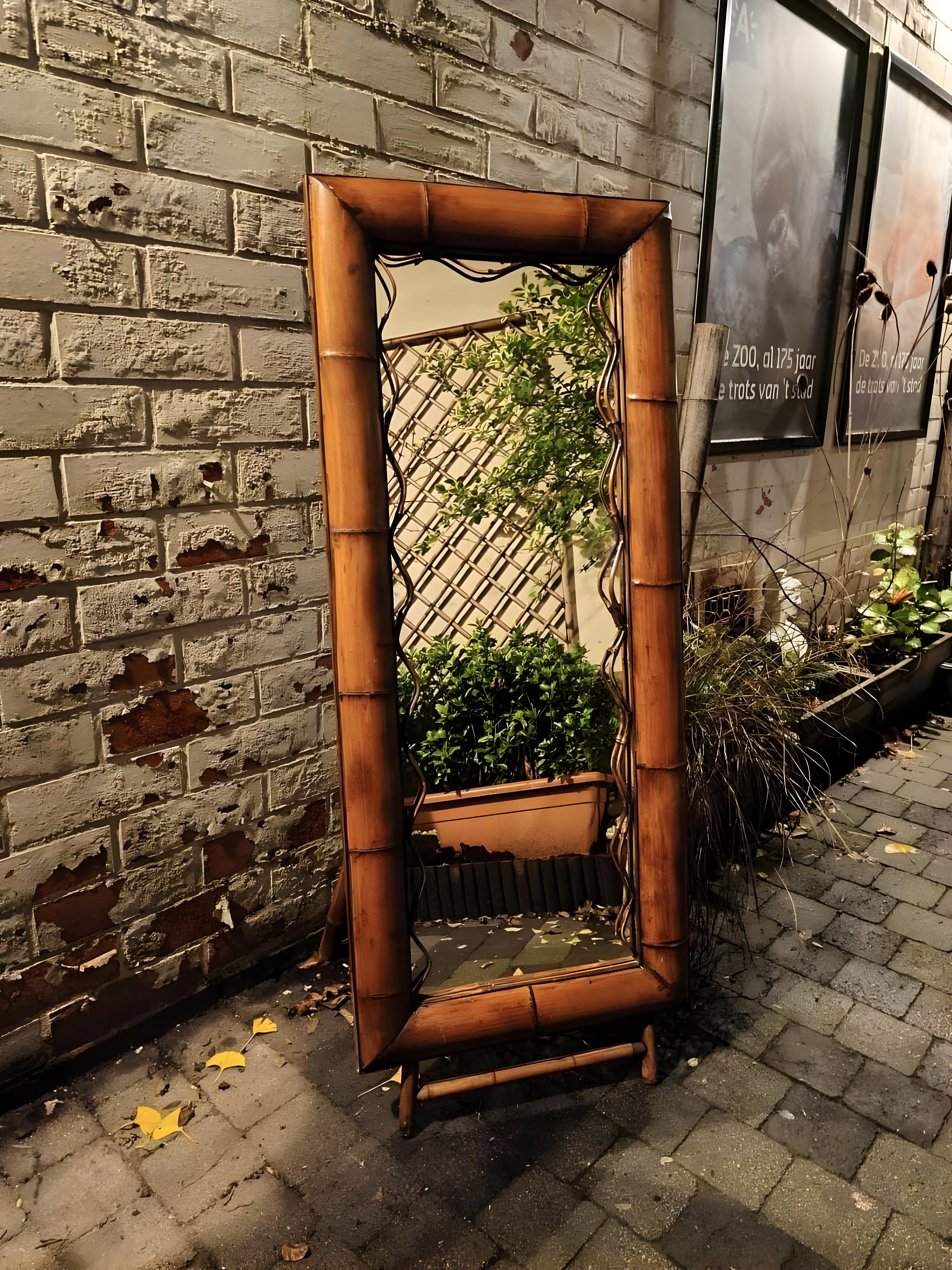 Bohemian Wabi sabi standing mirror made from bamboo, France 1960s For Sale