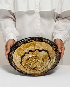 Wabi-Sabi Stoneware Bowl, Black and Gold Finish, French, 20th Century