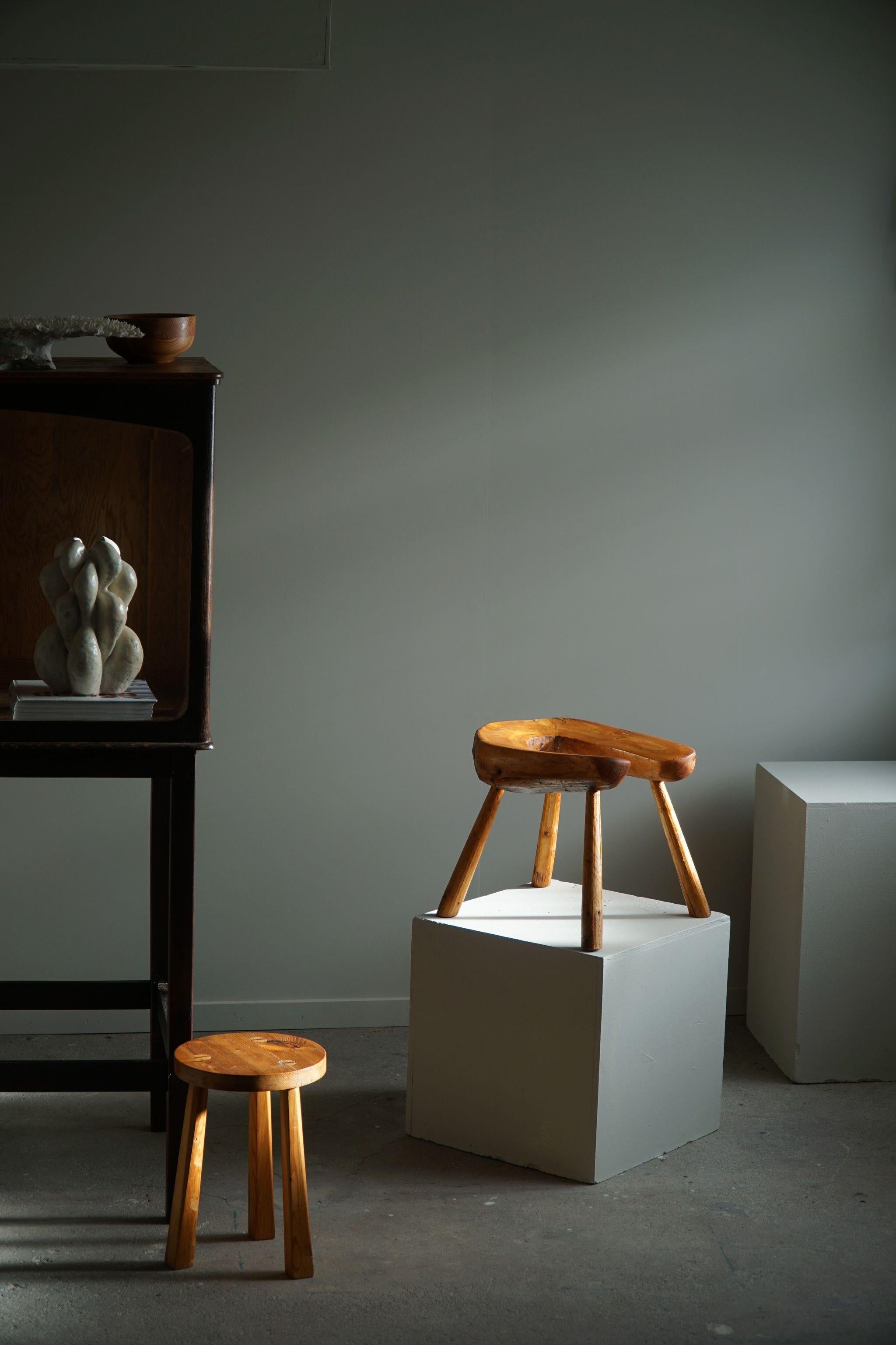 Hand-Carved Wabi Sabi Stool in Solid Pine, Handcrafted by a Swedish Cabinetmaker, 1950s For Sale