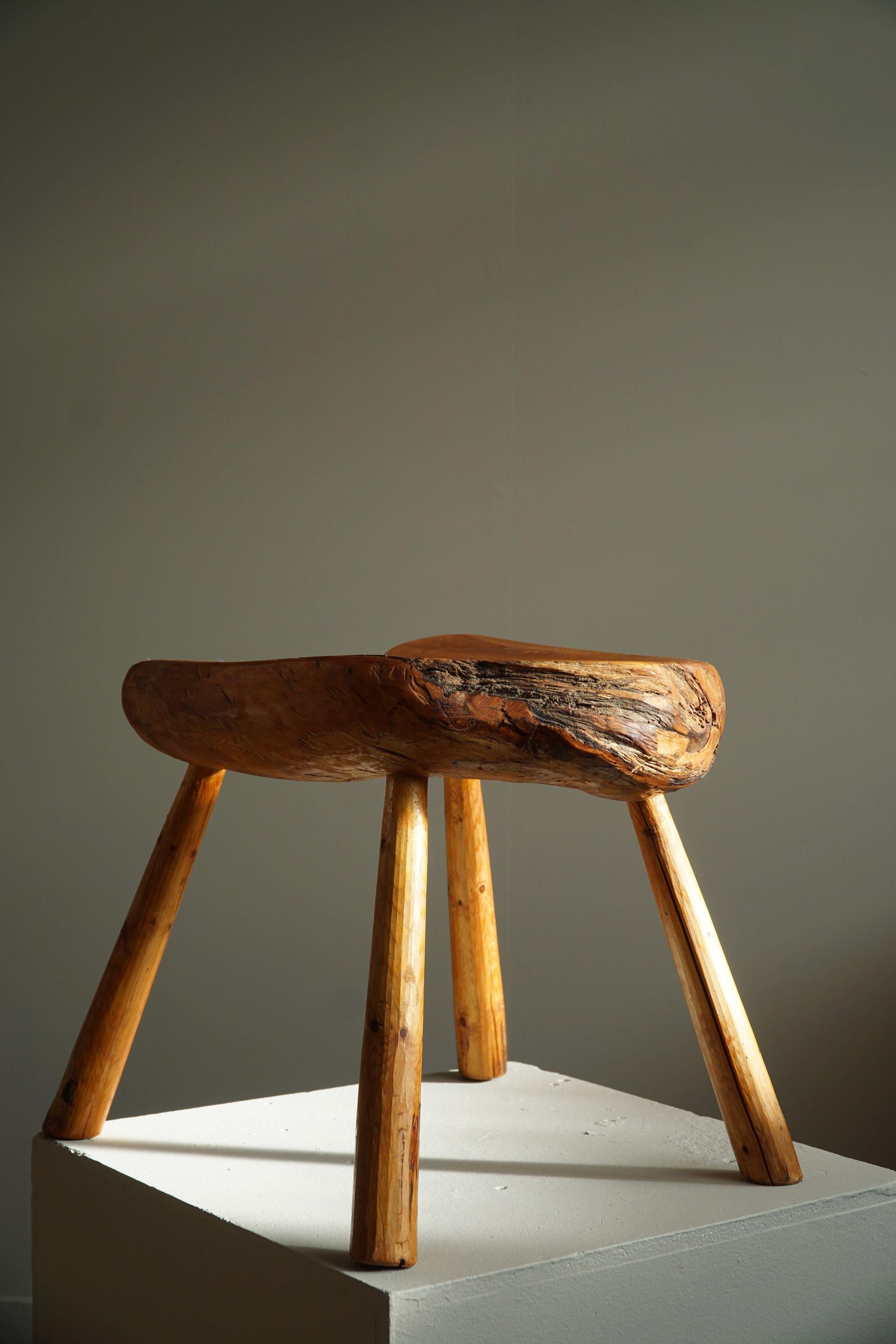 Wabi Sabi Stool in Solid Pine, Handcrafted by a Swedish Cabinetmaker, 1950s For Sale 1