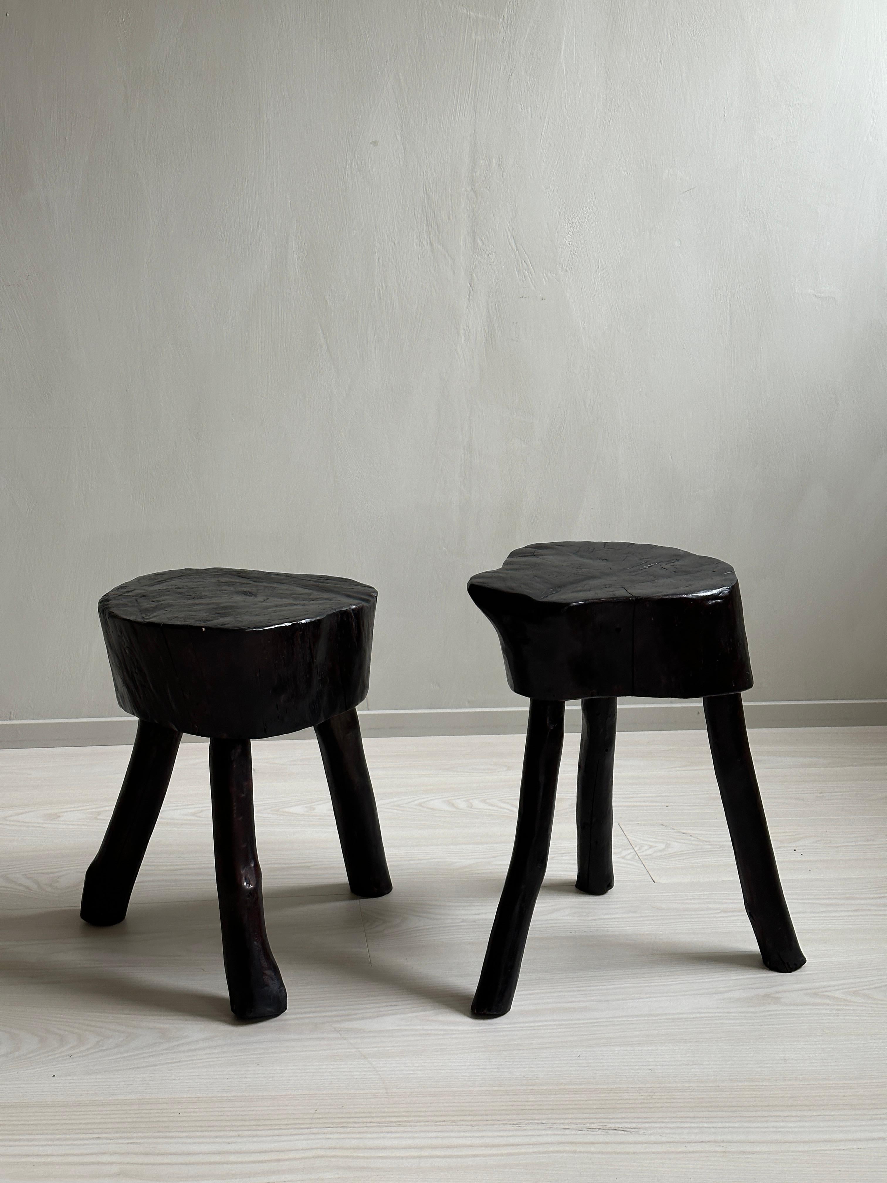Introducing an exquisite pair of Wabi Sabi Block Stools or Side Tables, originally crafted in Spain in the 1960s and later ebonized for added visual impact. These exceptional pieces are designed in the unique Wabi Sabi style, showcasing a