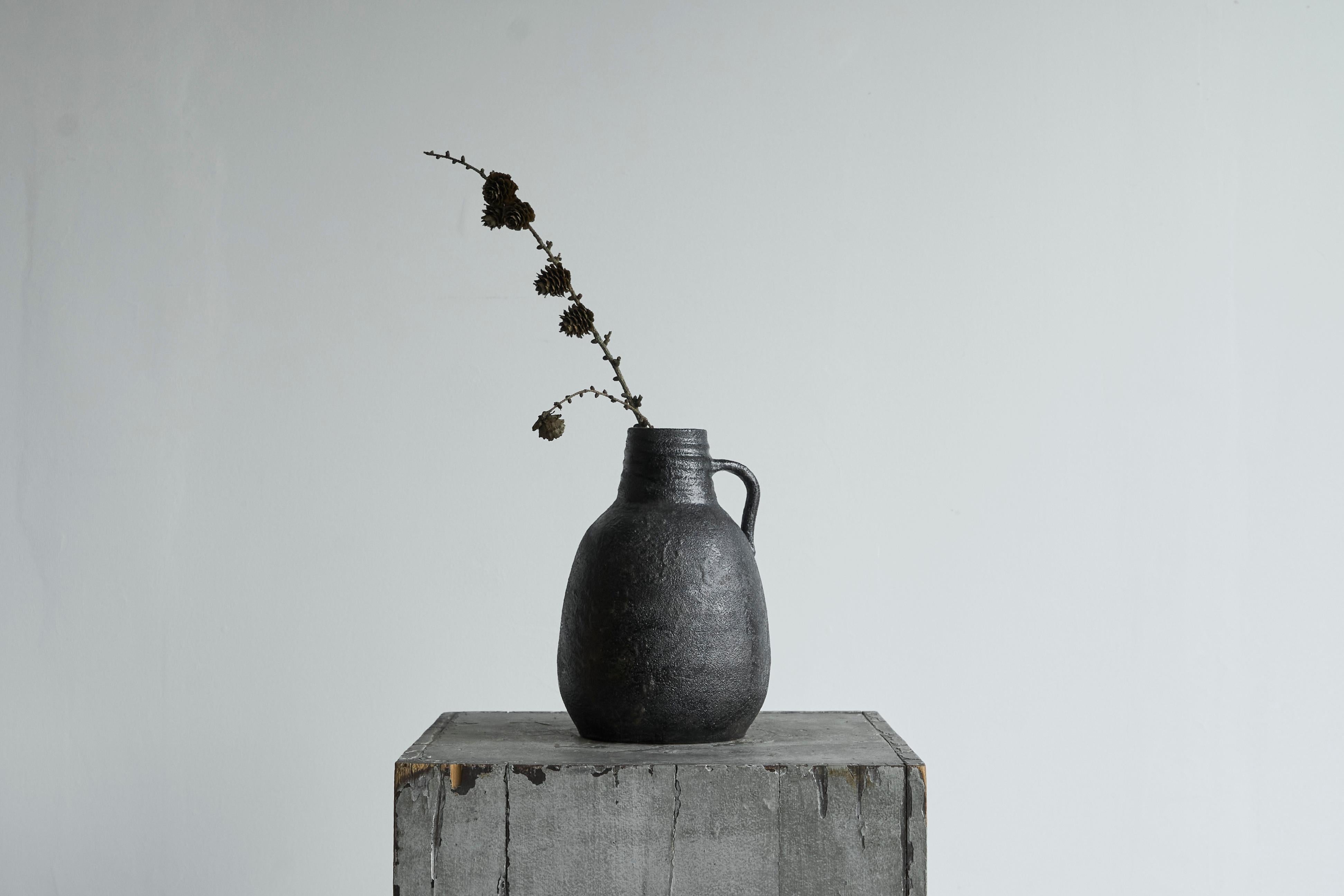 European Wabi Sabi Style Studio Pottery Vase in Black Mid 20th Century For Sale