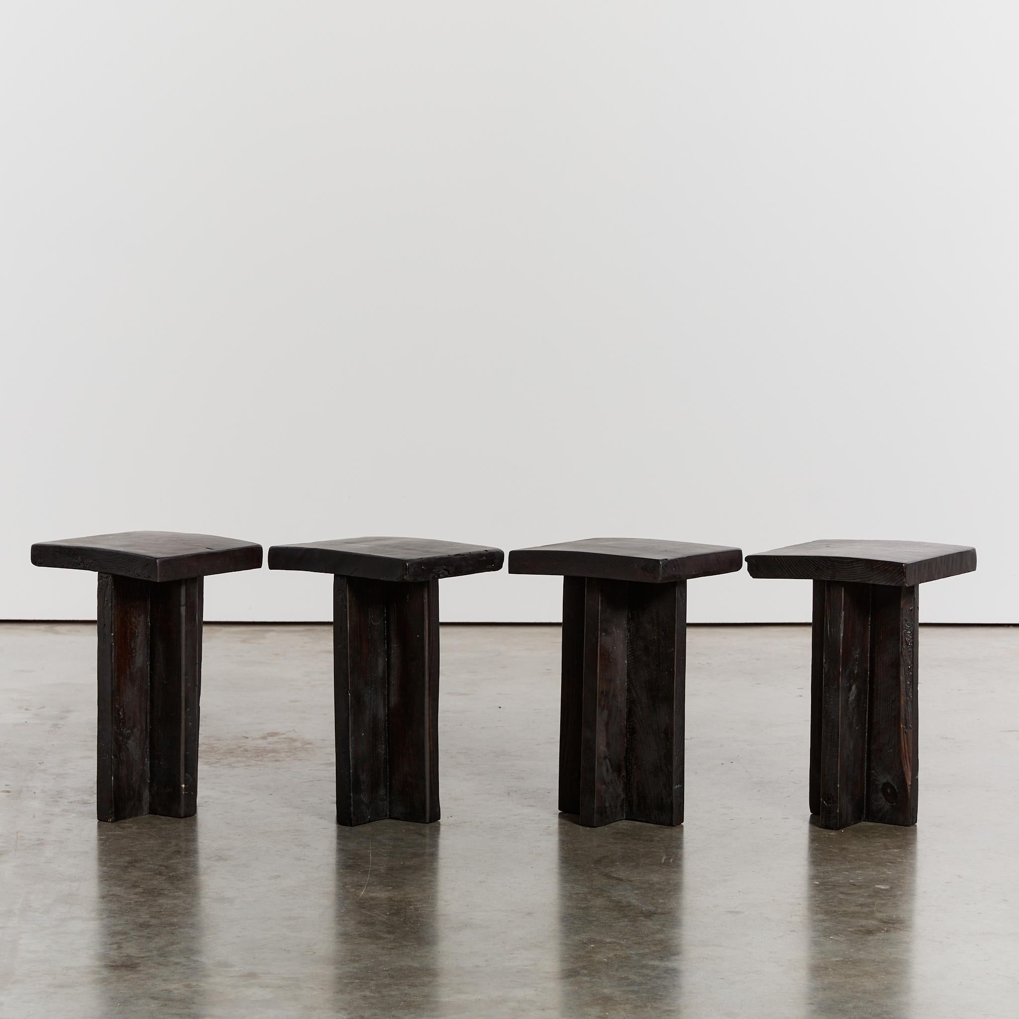 Spanish Wabi sabi T shaped ebonised stools or side tables