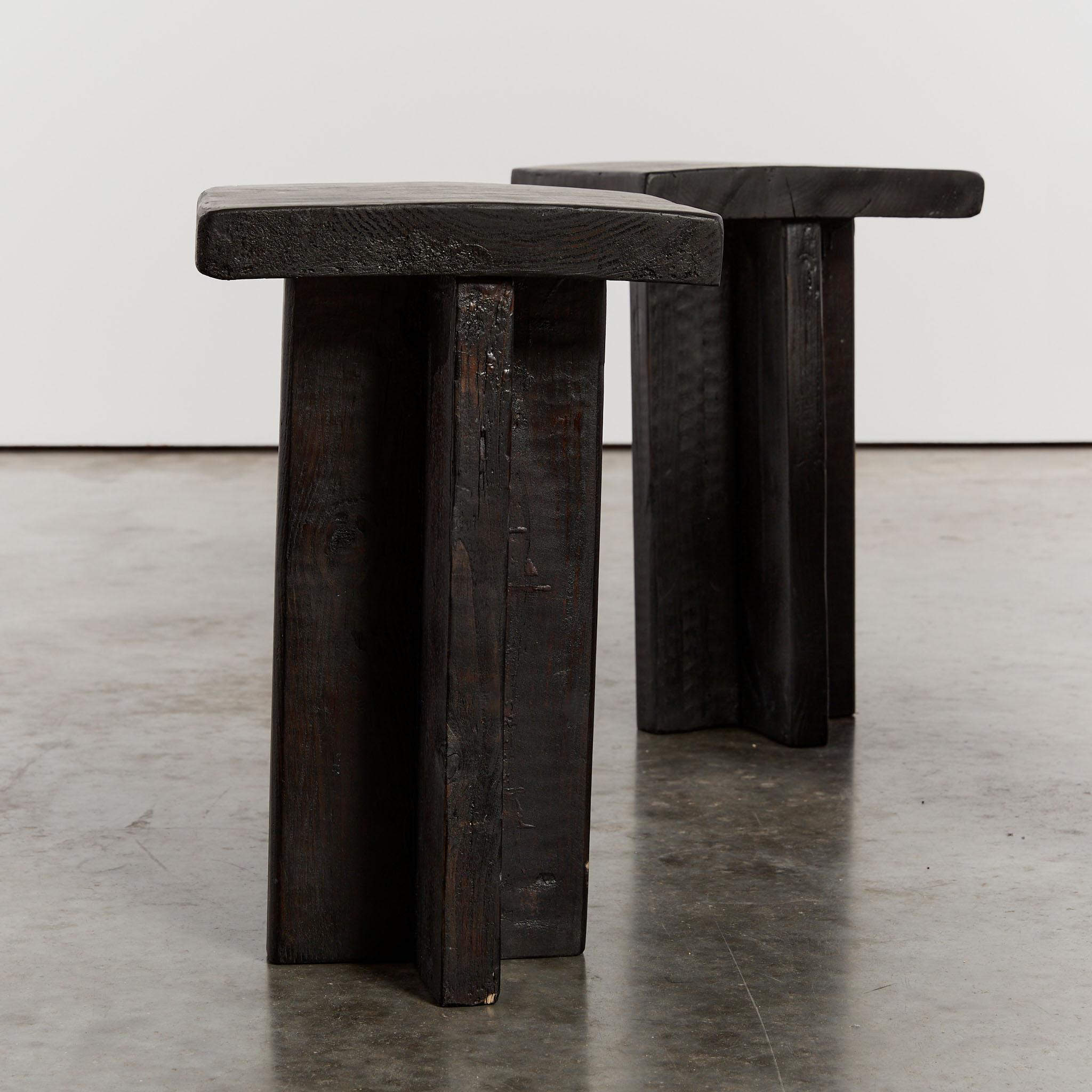 Wood Wabi sabi T shaped ebonised stools or side tables