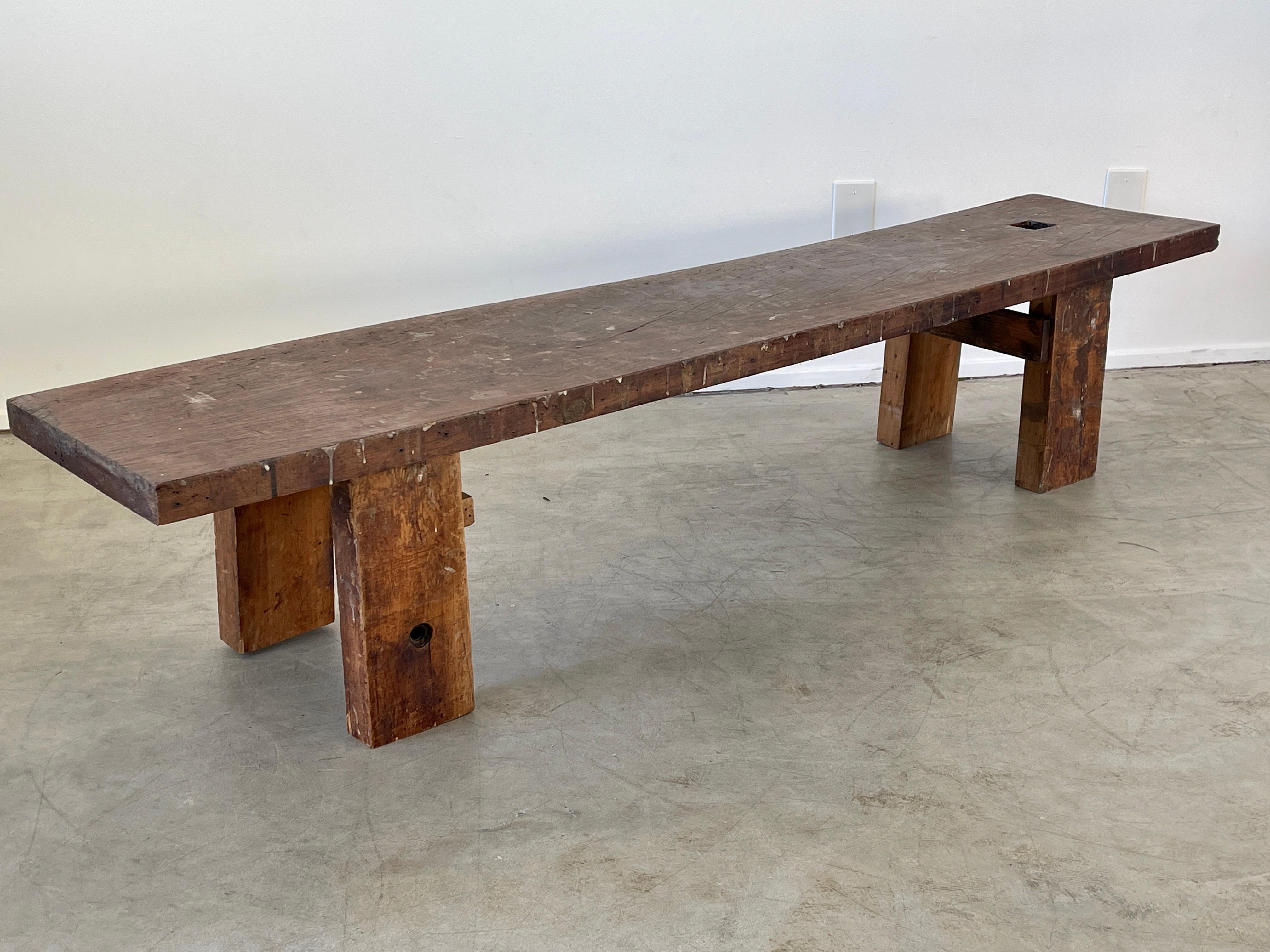 French primitive bench or coffee table with clean almost Japanese lines
Great patina with signs of paint splatter and wonderful wear.