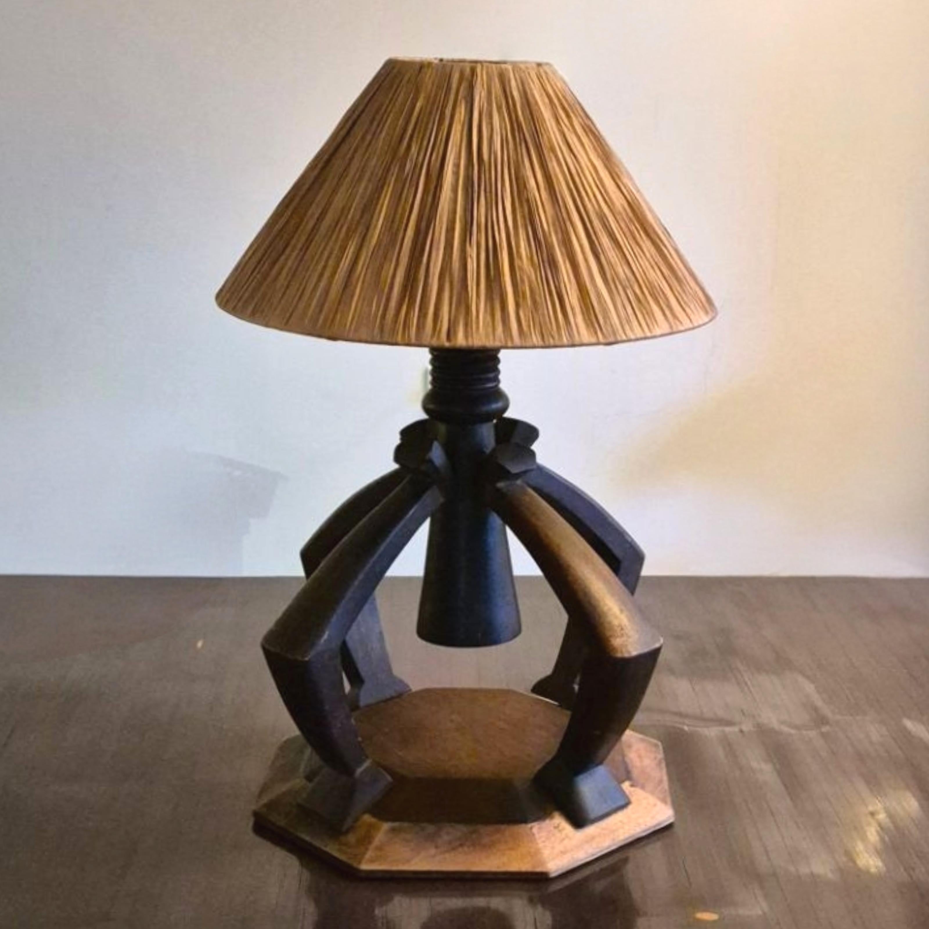Hand-Crafted Wabi sabi table lamp with raffia shade, Netherlands 1930s For Sale