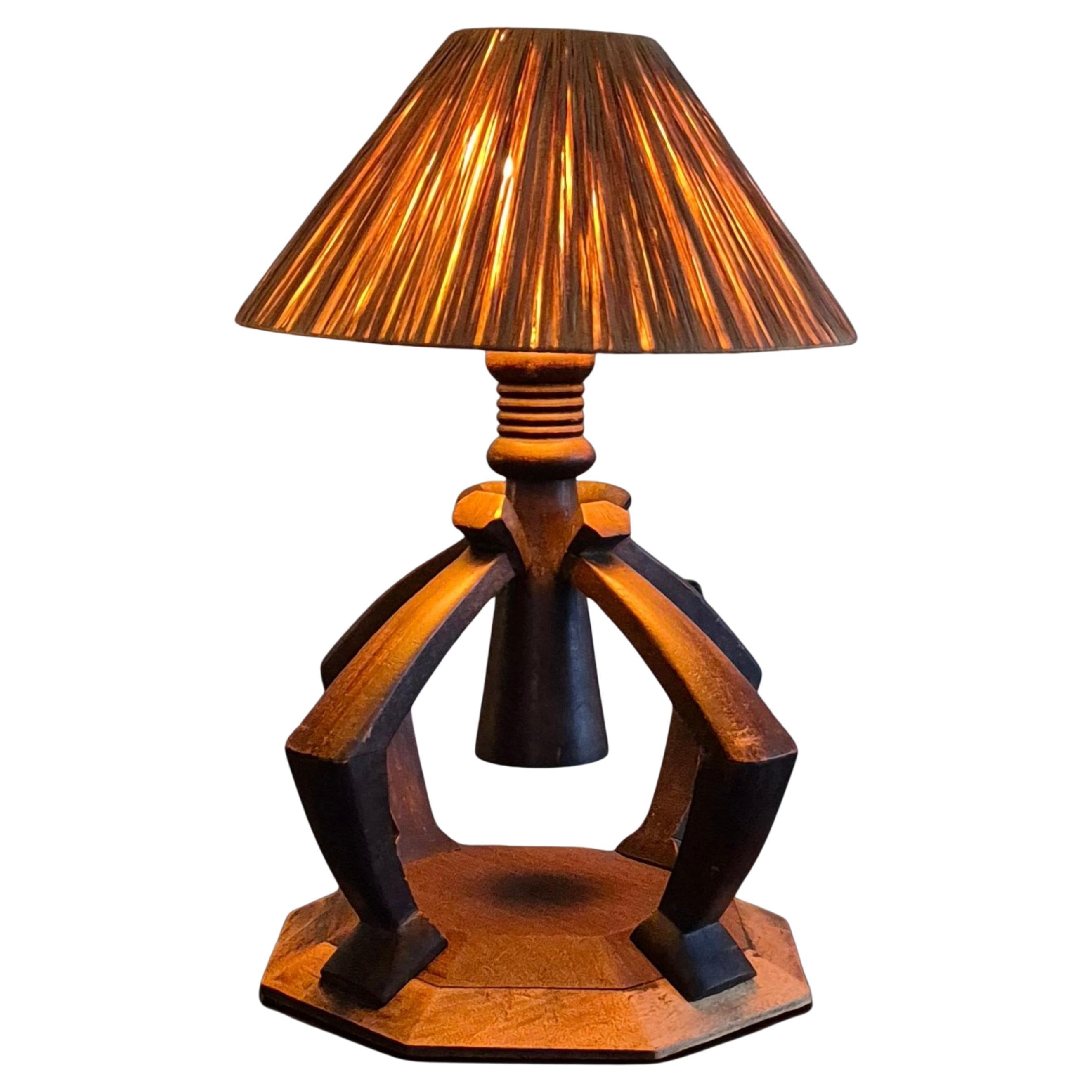 Wabi sabi Tischlampe mit Raffia-Schirm, Niederlande 1930er Jahre