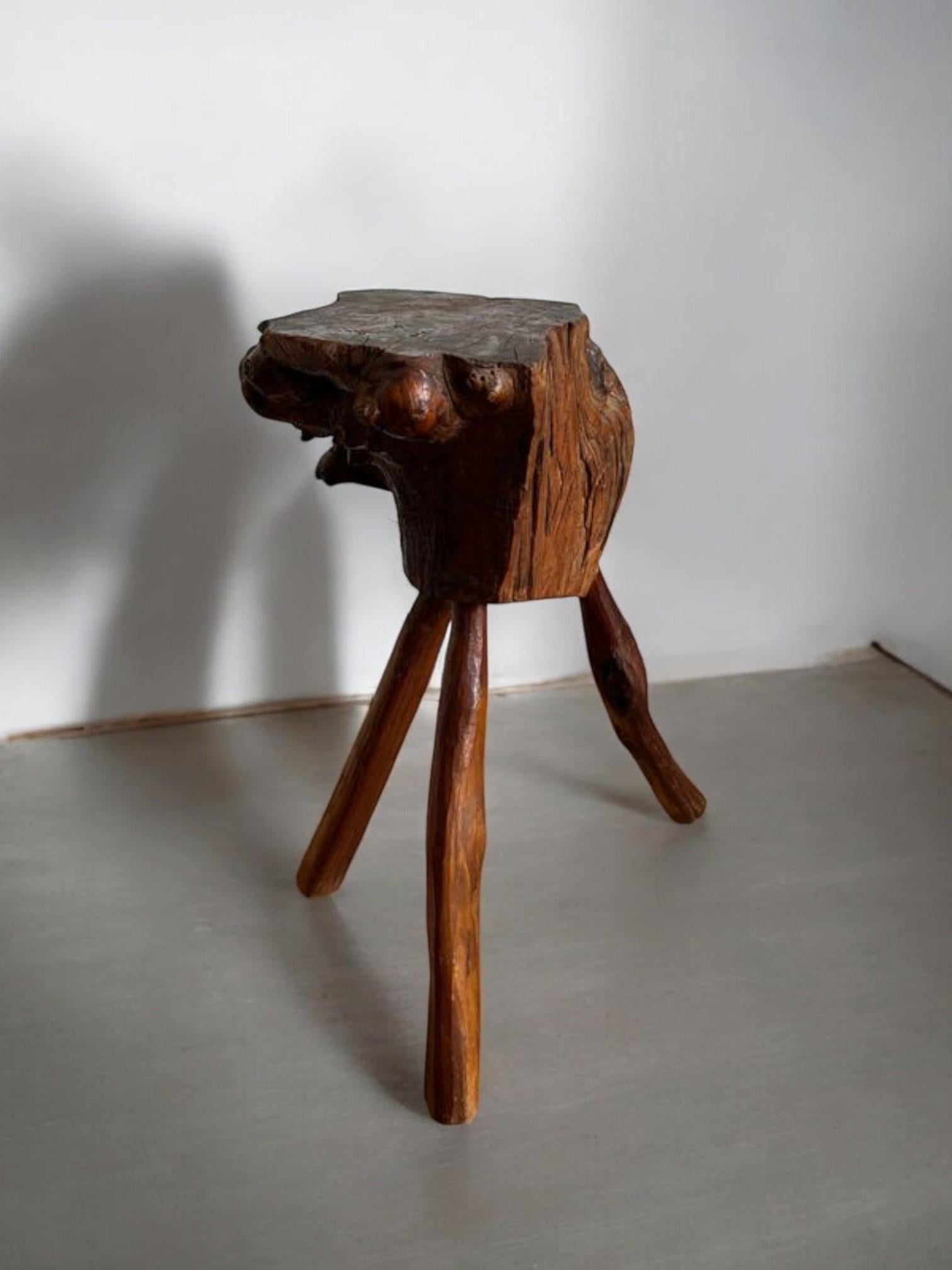 Rustic Wabi-sabi Tripod Stool  20th Century  Solid Natural Wood  Hand-Carved For Sale