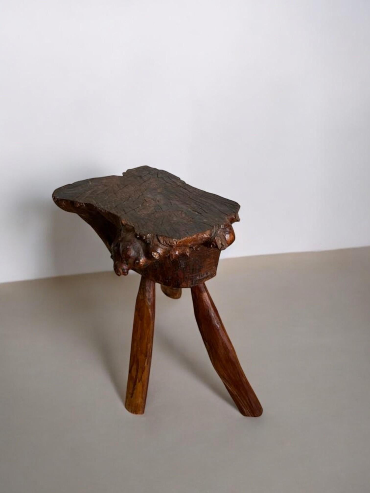 French Wabi-sabi Tripod Stool  20th Century  Solid Natural Wood  Hand-Carved For Sale