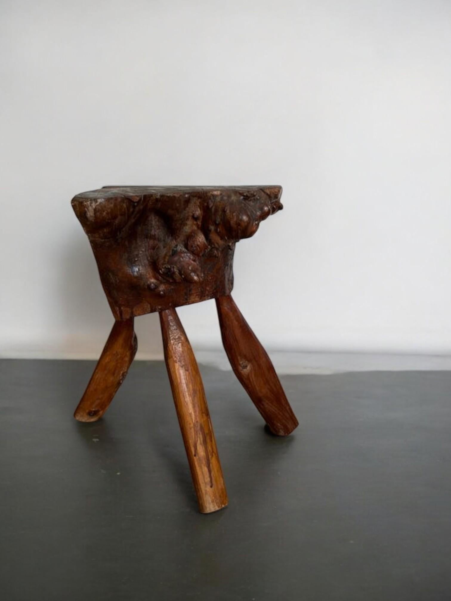 Elm Wabi-sabi Tripod Stool  20th Century  Solid Natural Wood  Hand-Carved For Sale