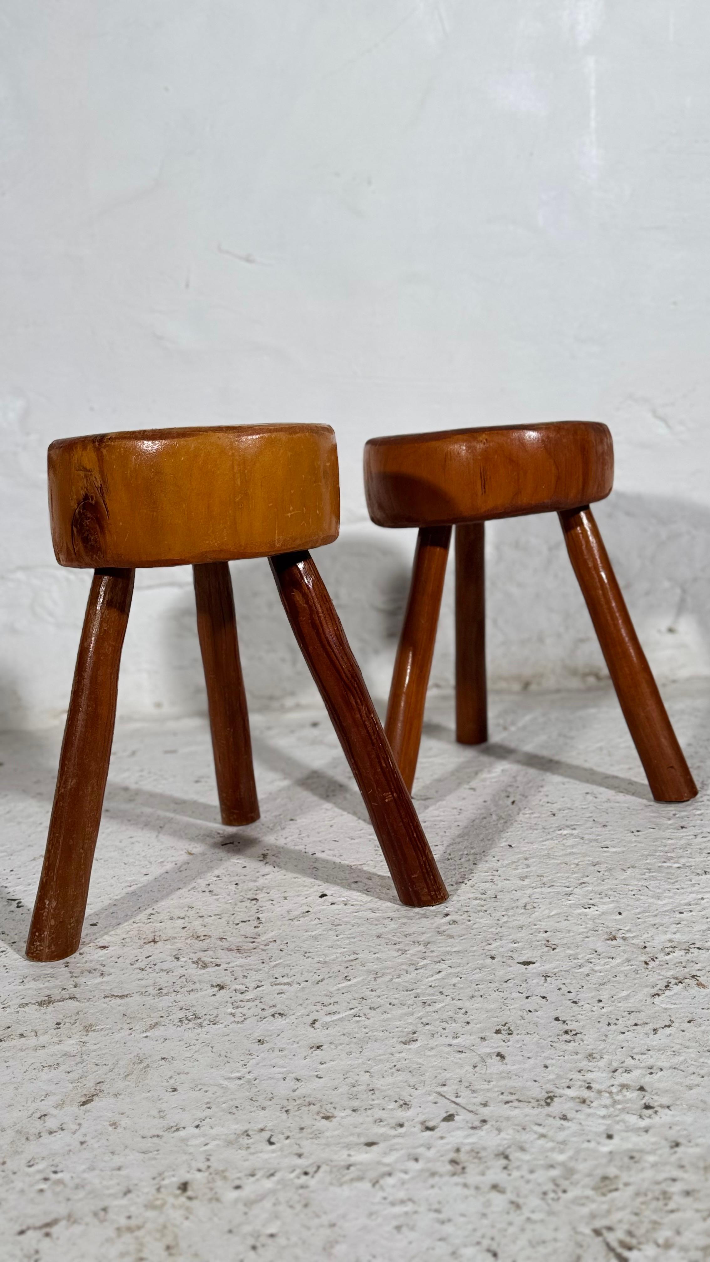 Country Wabi Sabi tripod stools, France 1960s, Set Of Two. For Sale