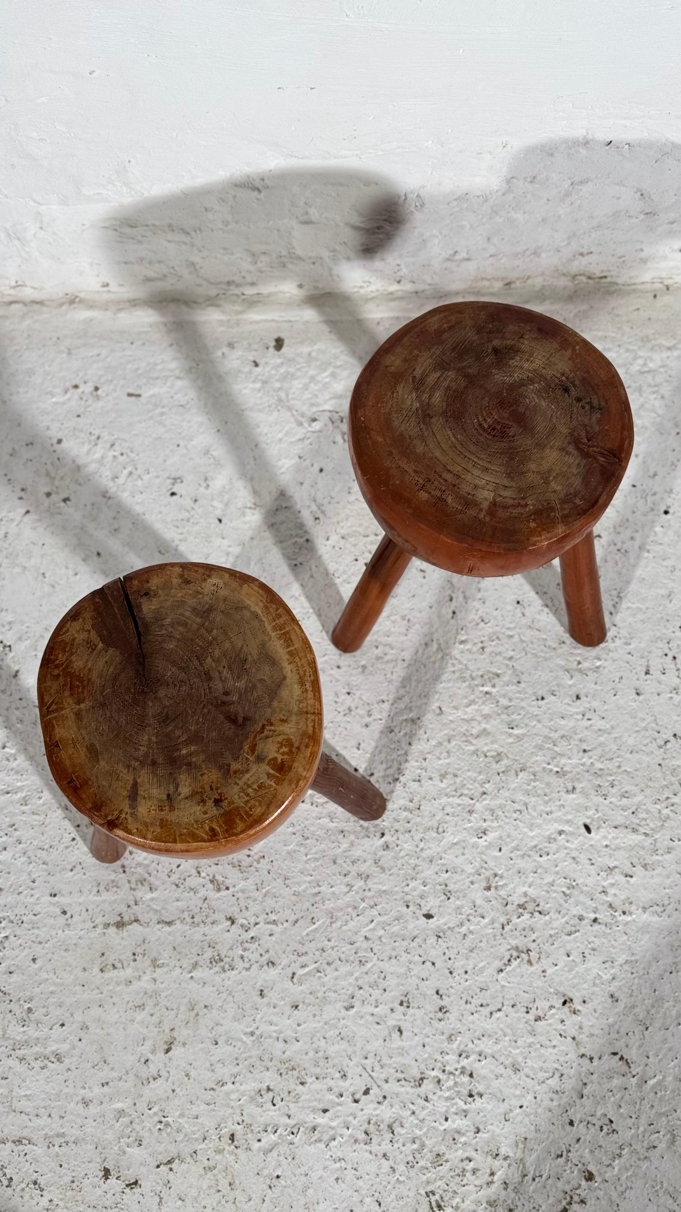 Mid-20th Century Wabi Sabi tripod stools, France 1960s, Set Of Two. For Sale