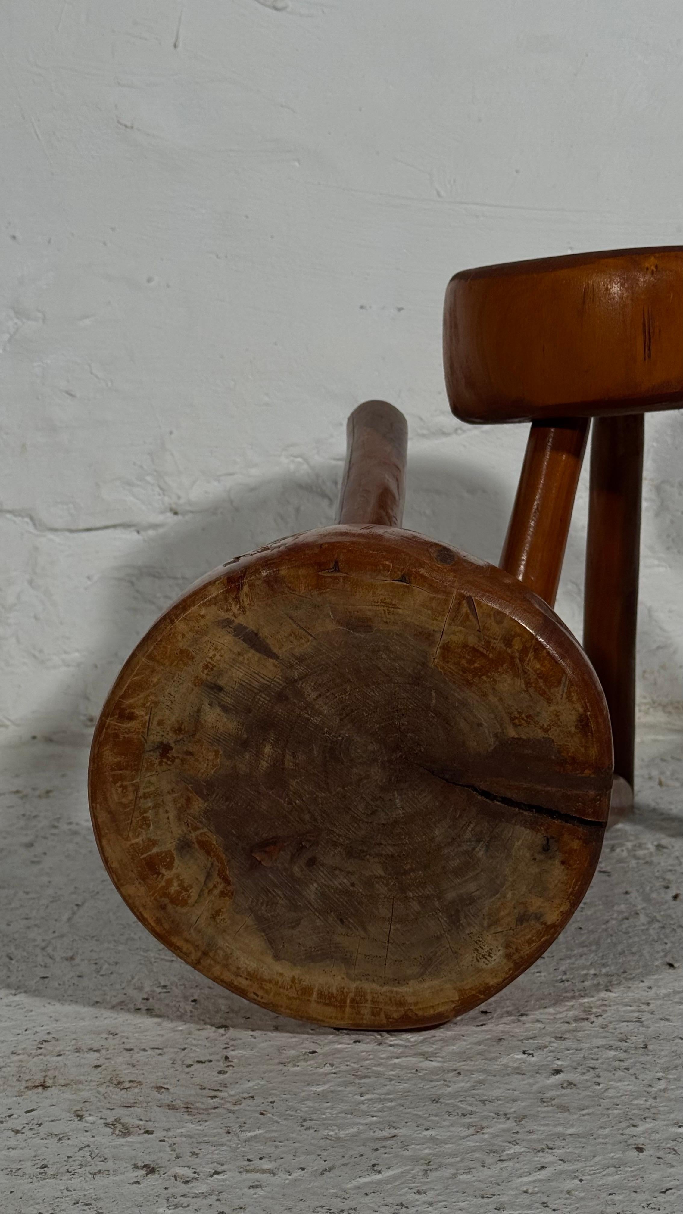 Fruitwood Wabi Sabi tripod stools, France 1960s, Set Of Two. For Sale