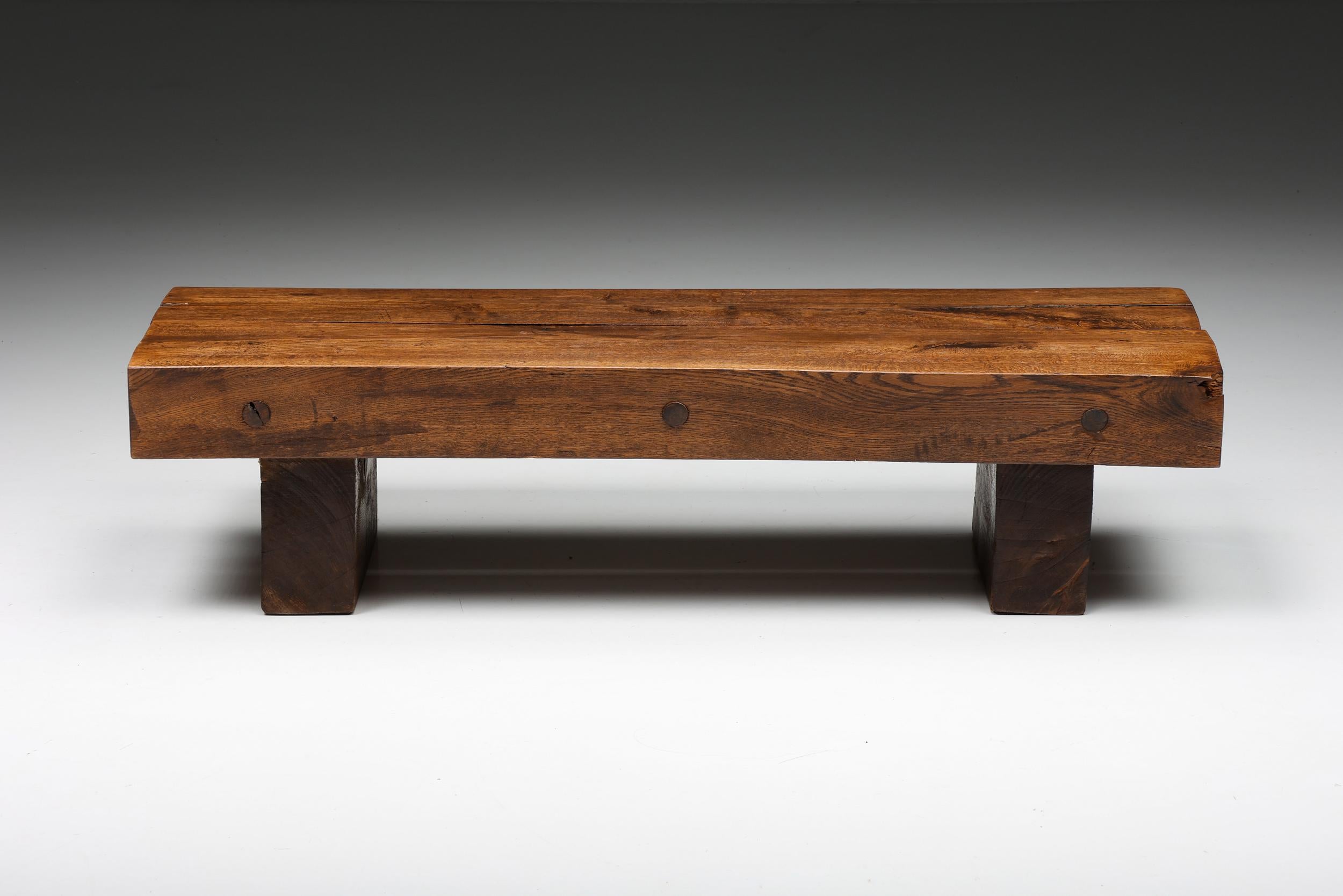 Wabi-Sabi two-legged rectangular coffee table, Mid-Century Modern, 1940's 

Two-legged rectangular coffee table. The tabletop consists of two pieces of solid wood, on the sides you can see the round joinery system that keeps the wood in place.