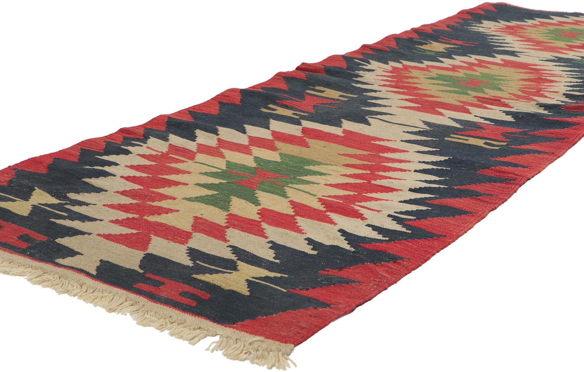 77601 Vintage Persian Shiraz Kilim Rug, 02'08 x 08'01. Full of tiny details and tribal style, this handwoven wool vintage Persian Shiraz kilim rug is a captivating vision of woven beauty. The eye-catching geometric pattern woven into this vintage