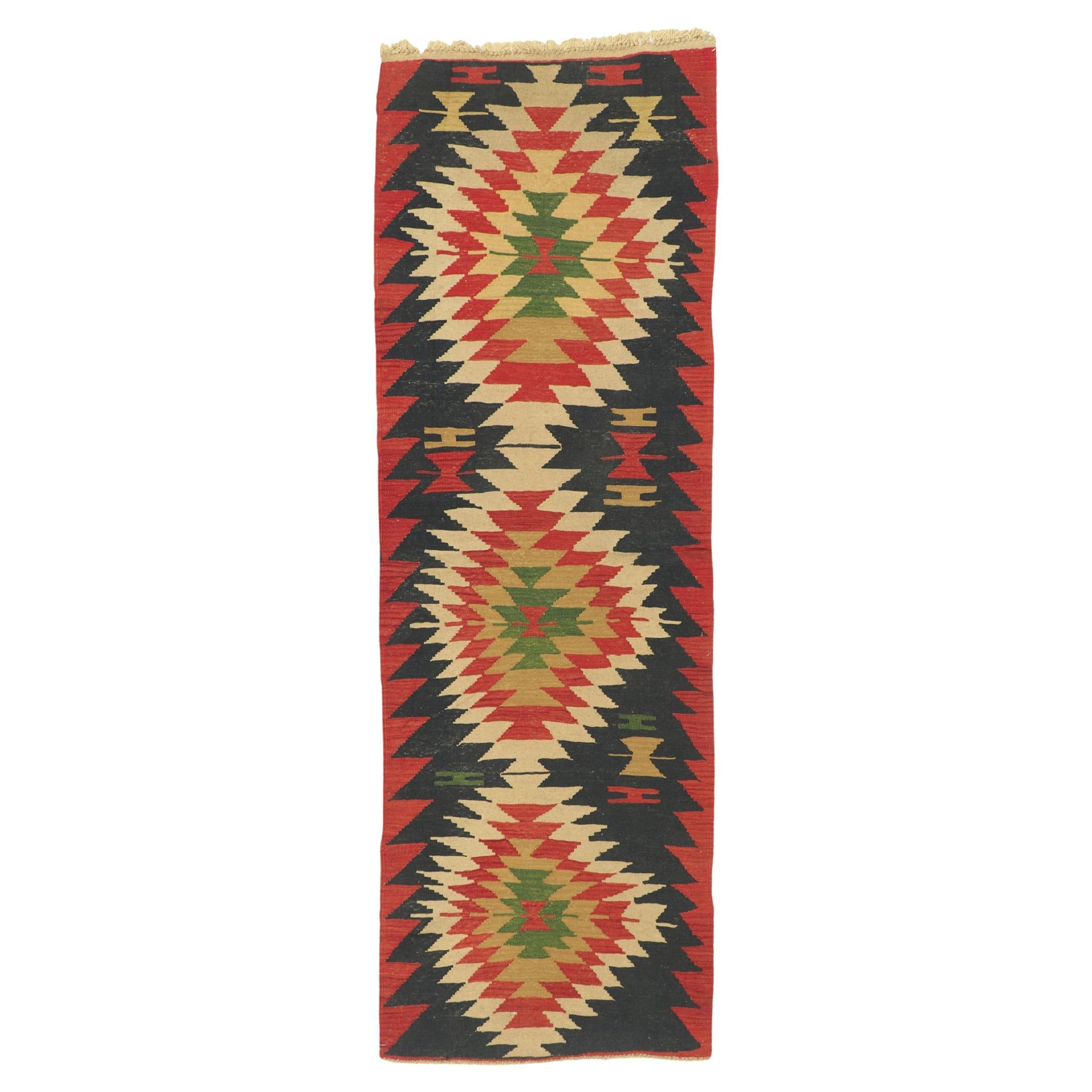 Vintage Shiraz Kilim Runner Rug, Wabi-Sabi Meets Southwest Style For Sale